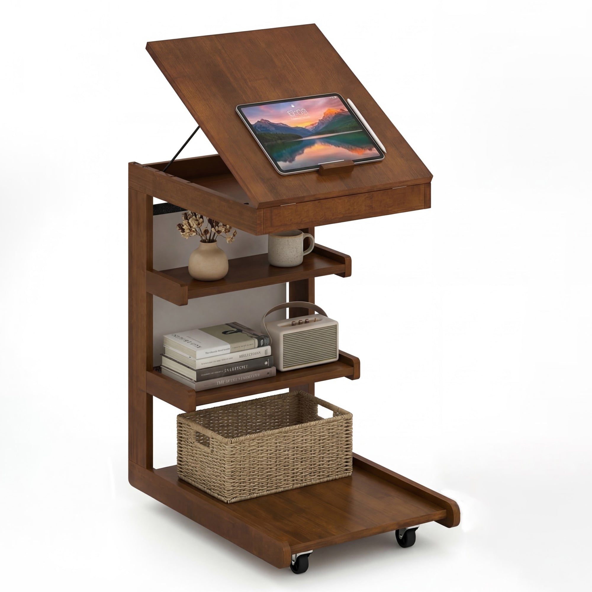 ELLEGNT 1 PCS Rolling C-Table with Storage Pocket, Height-Adjustable Top, Edge Stopper, Brown