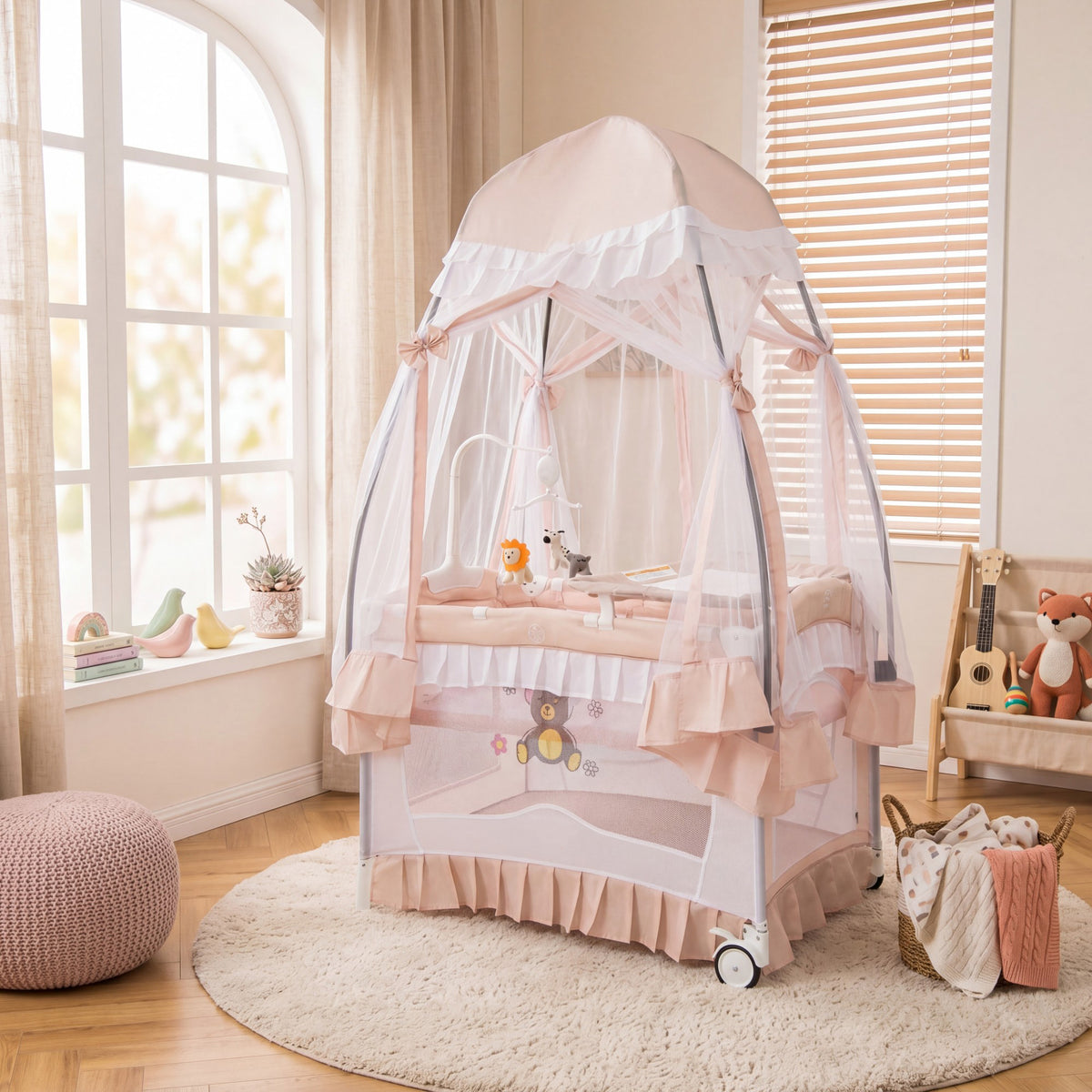ELLEGNT 4 in 1 Portable Baby Playard Bassinet with Changing Table Mesh Net Wheels Light Pink