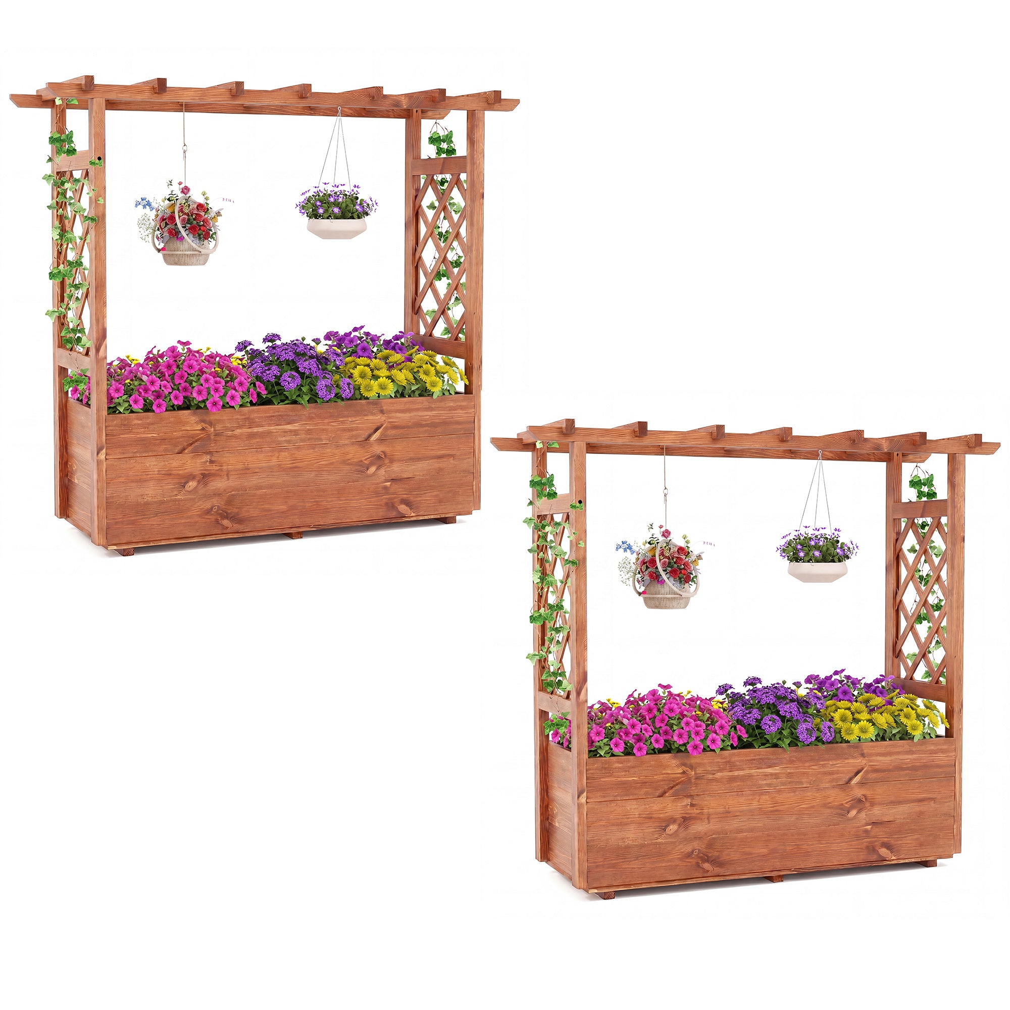 ELLEGNT 2 PCS Wooden Raised Planter with Lattice Trellis and Hanging Roof-Drainage Holes