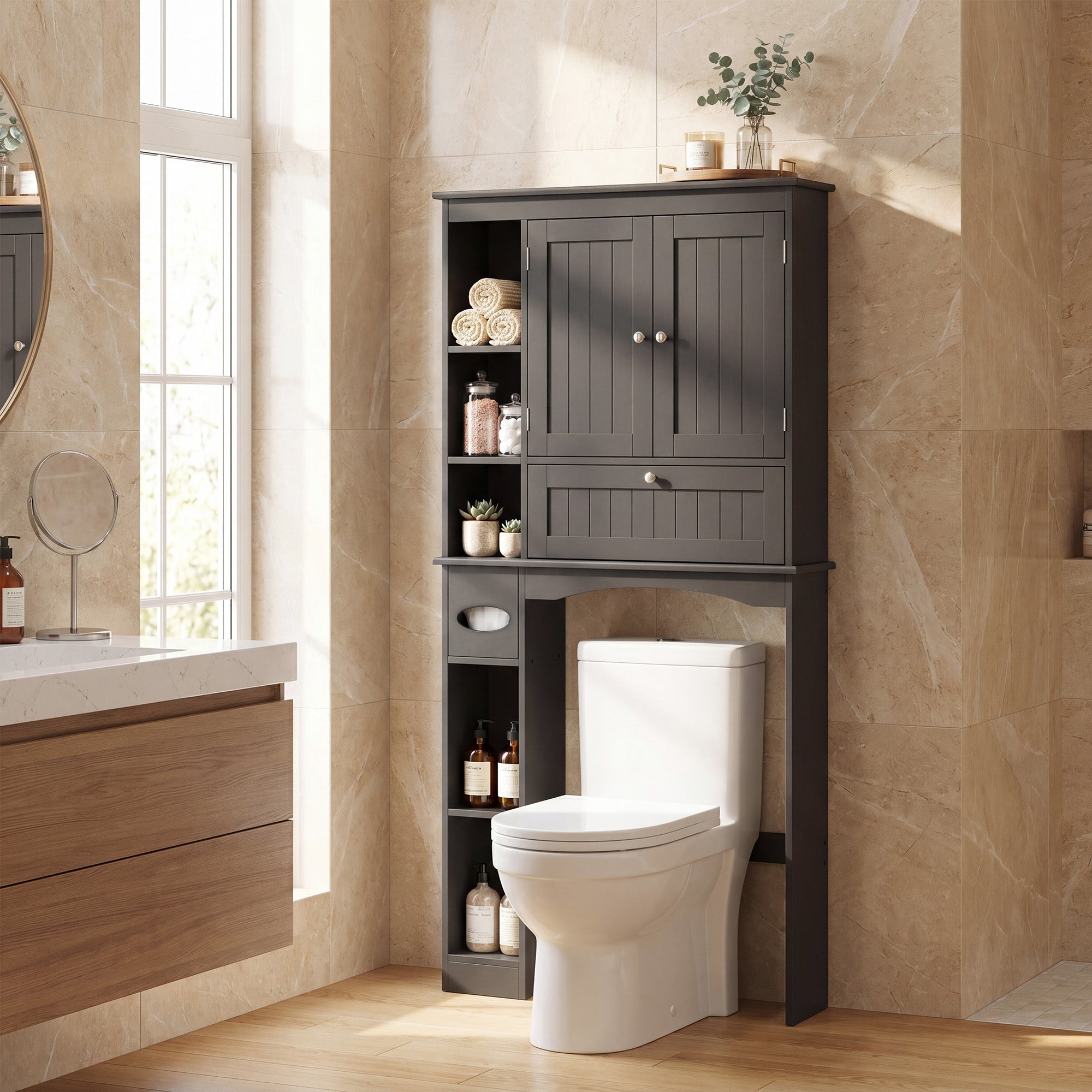 ELLEGNT Over?Toilet Storage Cabinet-2 Doors, Adjustable Shelf, Bottom Bar-Fits Above Commode, Black