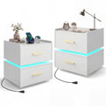 ELLEGNT 2 PCS LED Bedside Table with Charging Station, 2 Storage Drawers Nightstand, White