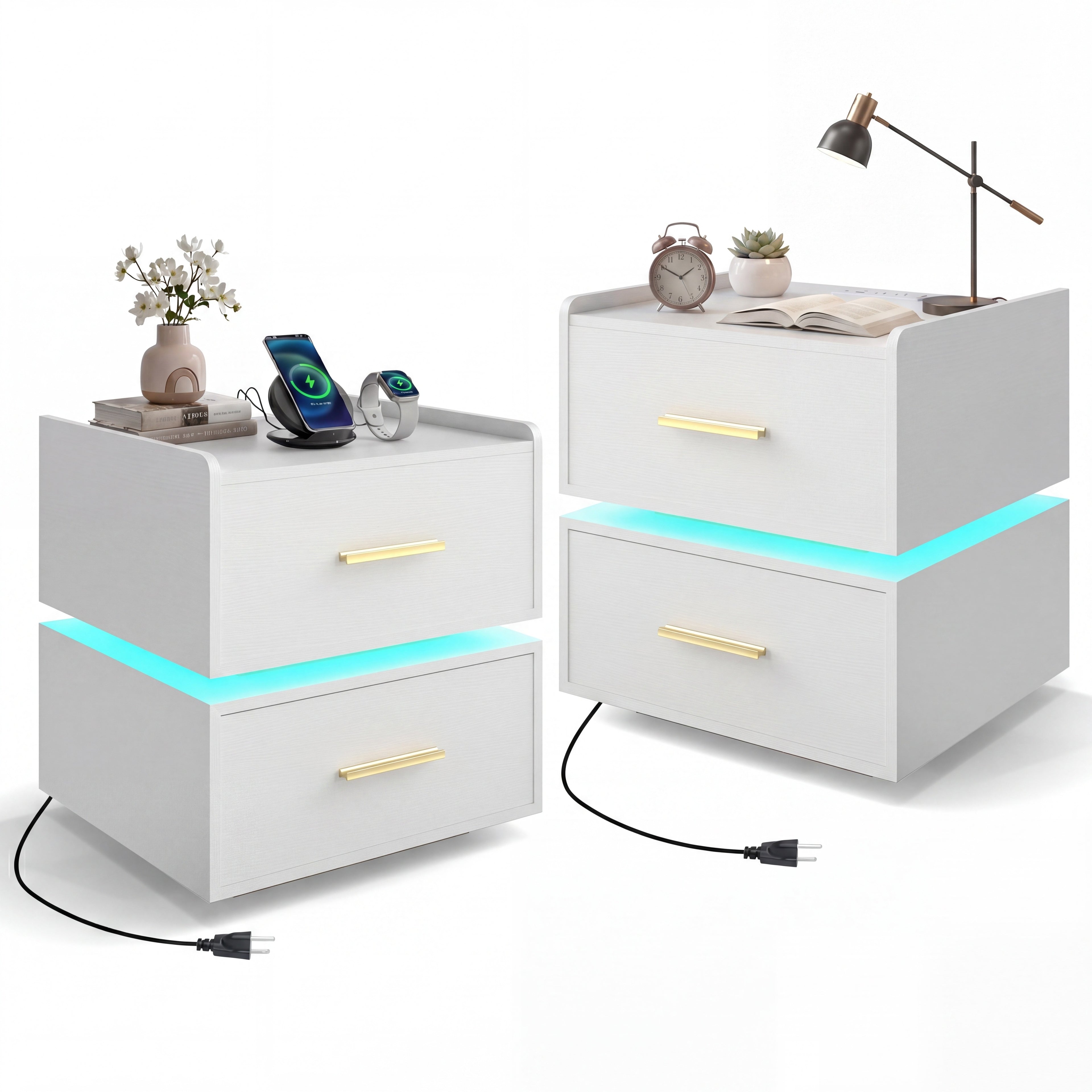 ELLEGNT 2 PCS LED Bedside Table with Charging Station, 2 Storage Drawers Nightstand, White