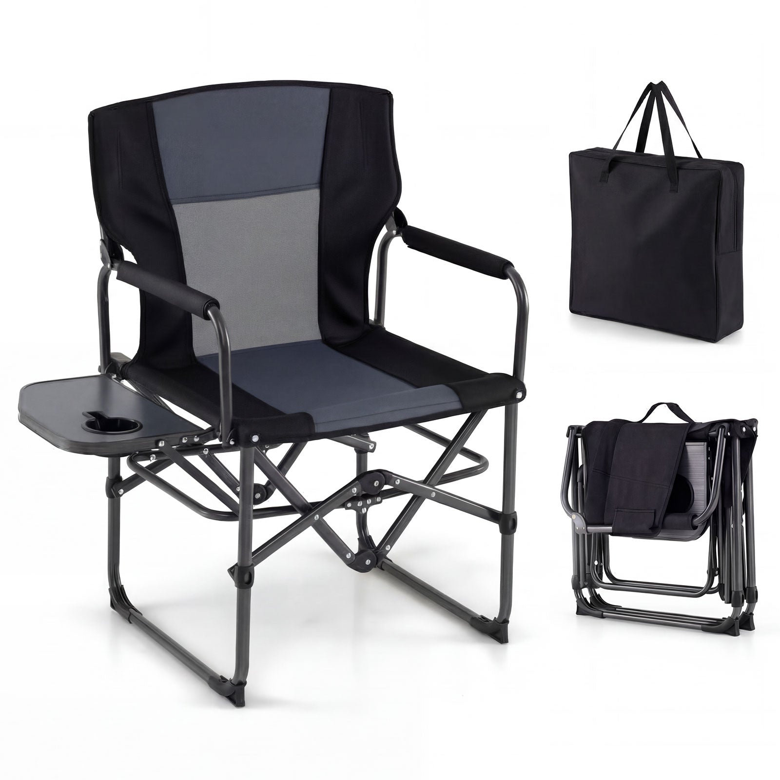 ELLEGNT 1 PCS Folding Camp Chair with Side Table and Cup Holder-Portable Outdoor Seat with Carry Bag, Black and Gray