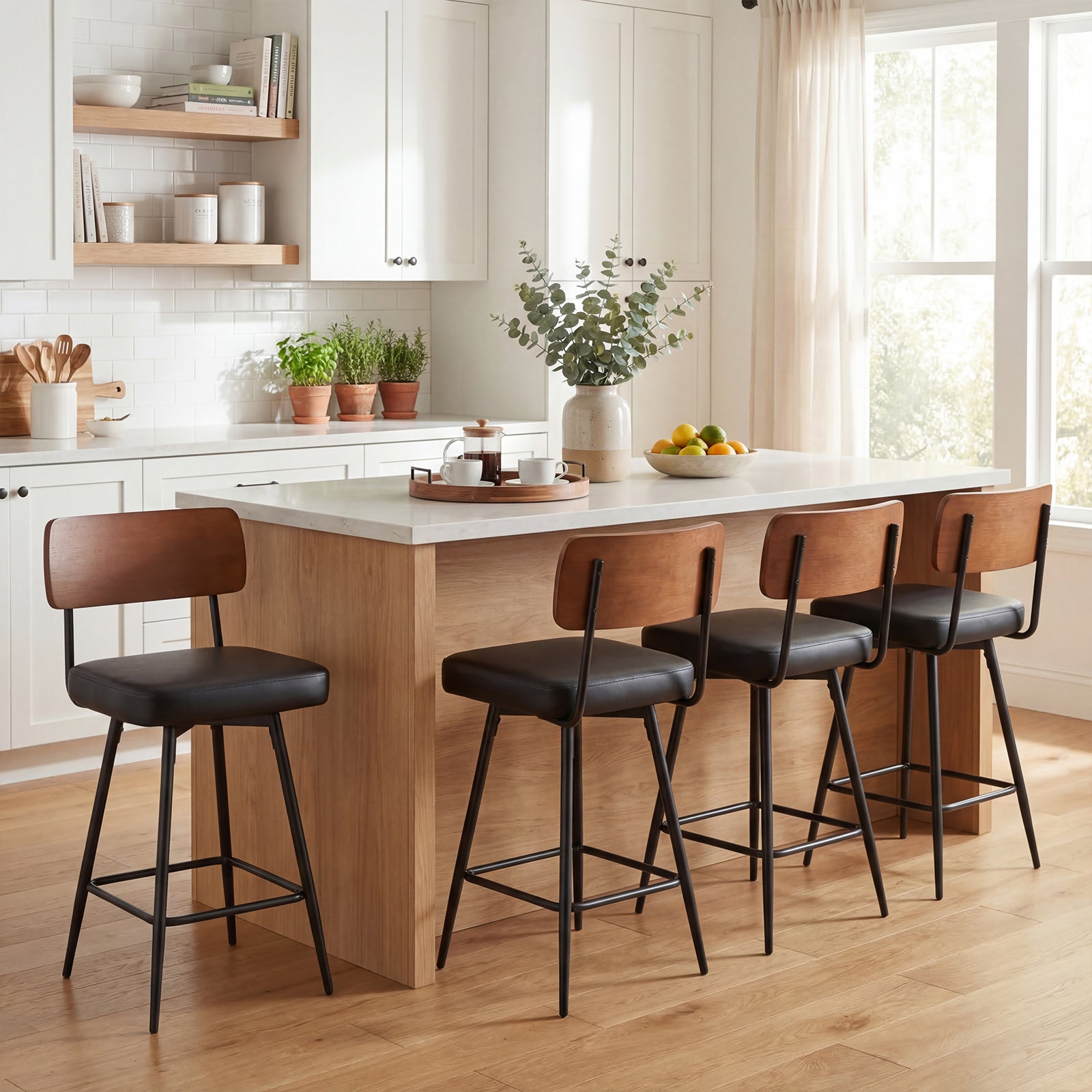 ELLEGNT 4 PCS 27 in Padded Counter Barstools Set  with Wooden Backrest and Metal Legs  Black