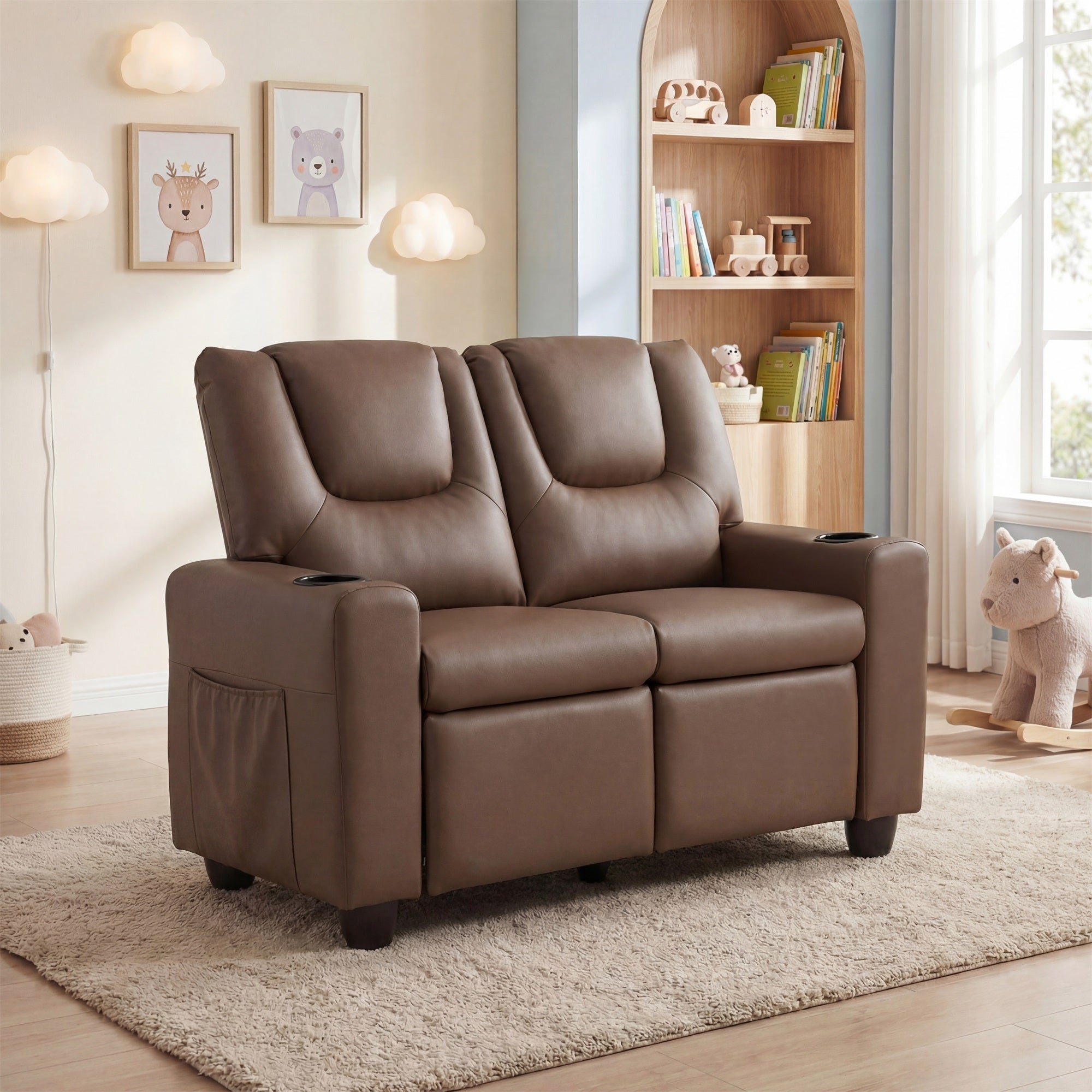 ELLEGNT 2-Seater Kids Recliner-Adjustable Back, Cup Holders and Side Pockets Brown