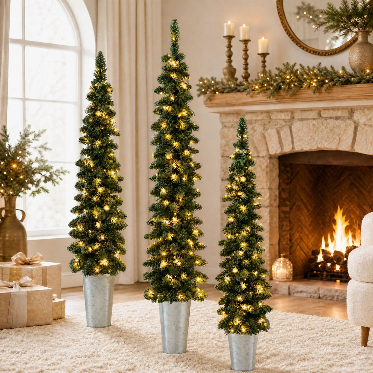 ELLEGNT 3ft 4ft 5ft Artificial Prelit Slim Artificial Christmas Tree Set of 3 8 Modes Timer