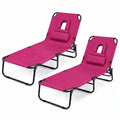 ELLEGNT 2 PCS Beach Lounger with 4?Position Reclining Backrest, Removable Pillows and Face Hole-Folding Design, Pink