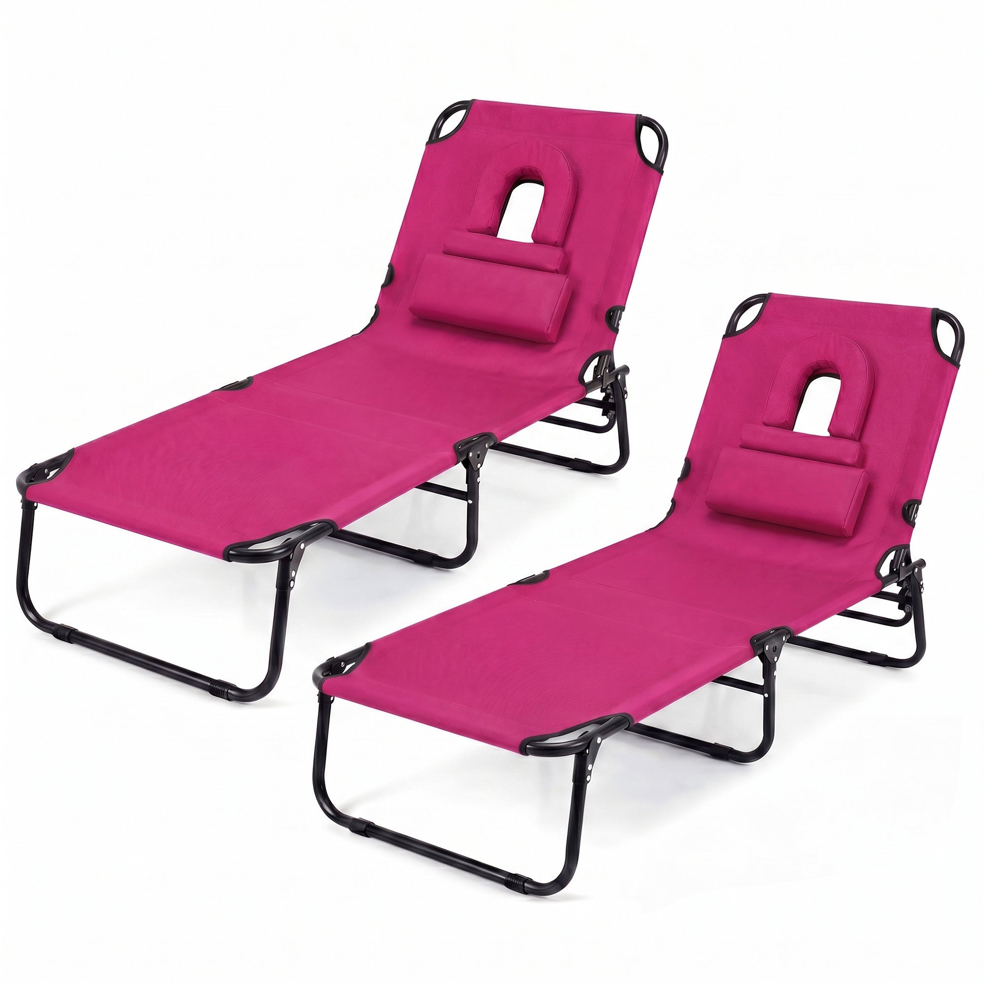 ELLEGNT 2 PCS Beach Lounger with 4?Position Reclining Backrest, Removable Pillows and Face Hole-Folding Design, Pink