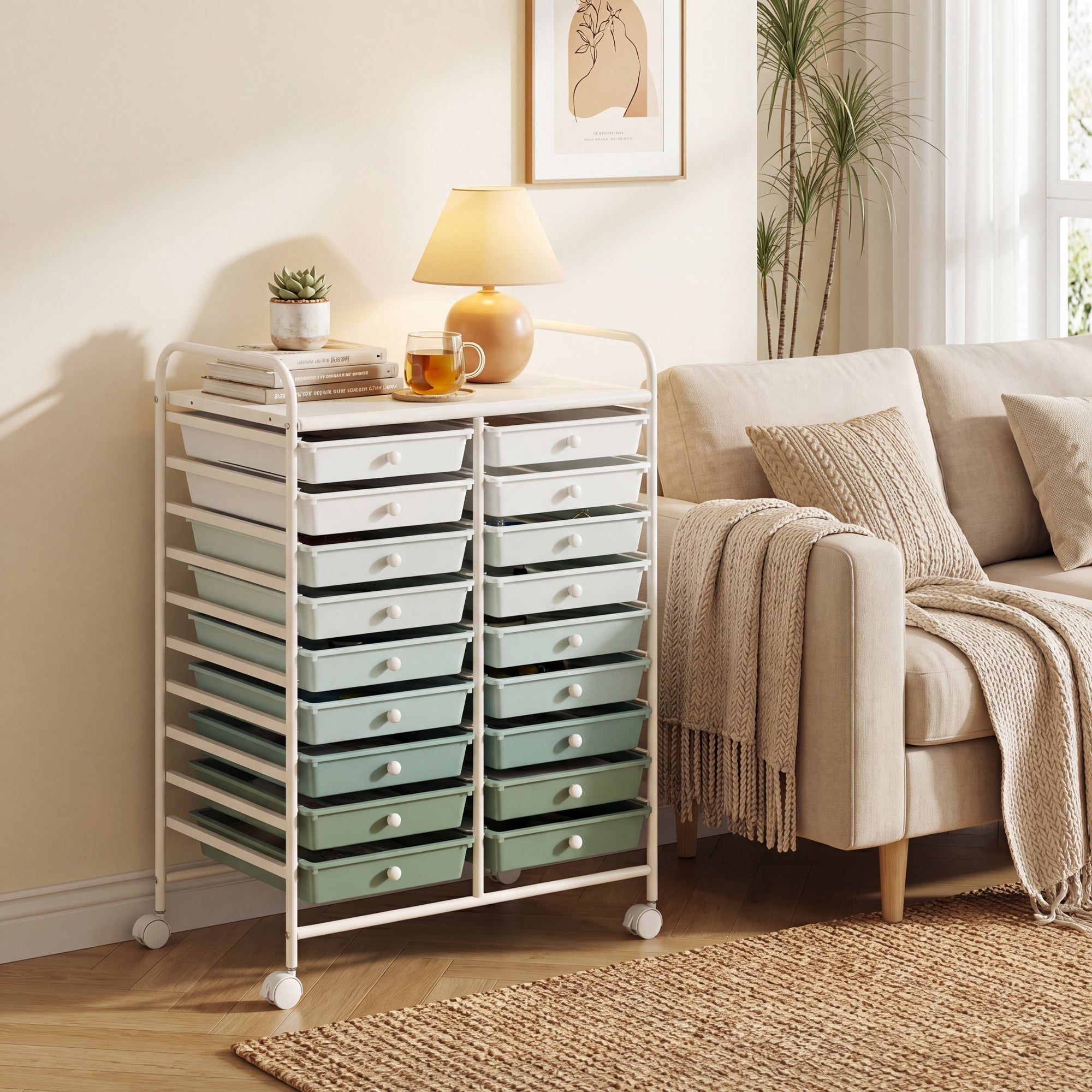 ELLEGNT 20-Drawer Rolling Storage Cart with Lockable Wheels-Removable Drawers, Metal Frame, Gradient for Art and Craft,Green