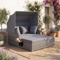 ELLEGNT Rattan Daybed Lounge-Retractable Canopy, Side Tables and Cushions for Patio Relaxation, Beige + Gray