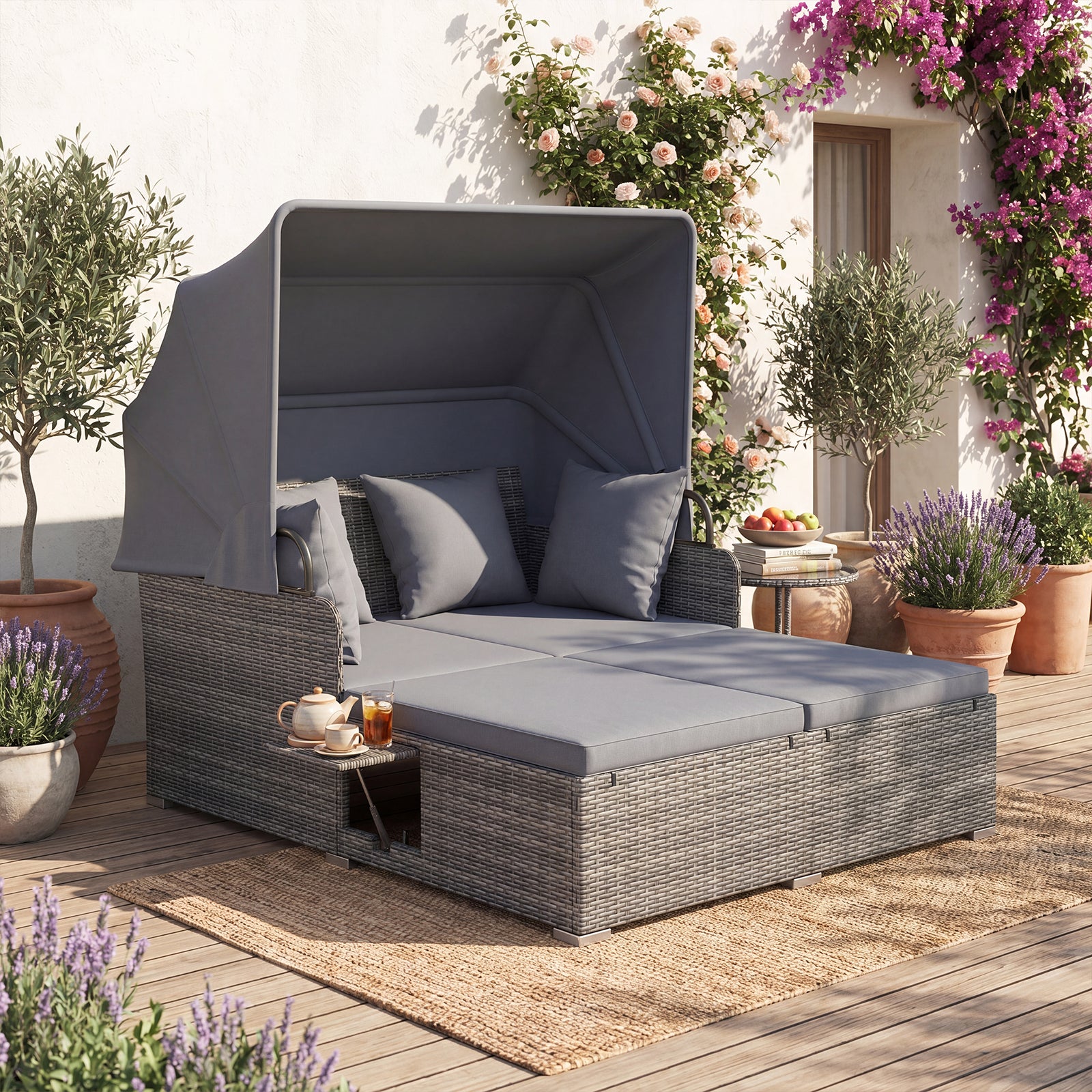 ELLEGNT Rattan Daybed Lounge-Retractable Canopy, Side Tables and Cushions for Patio Relaxation, Beige + Gray