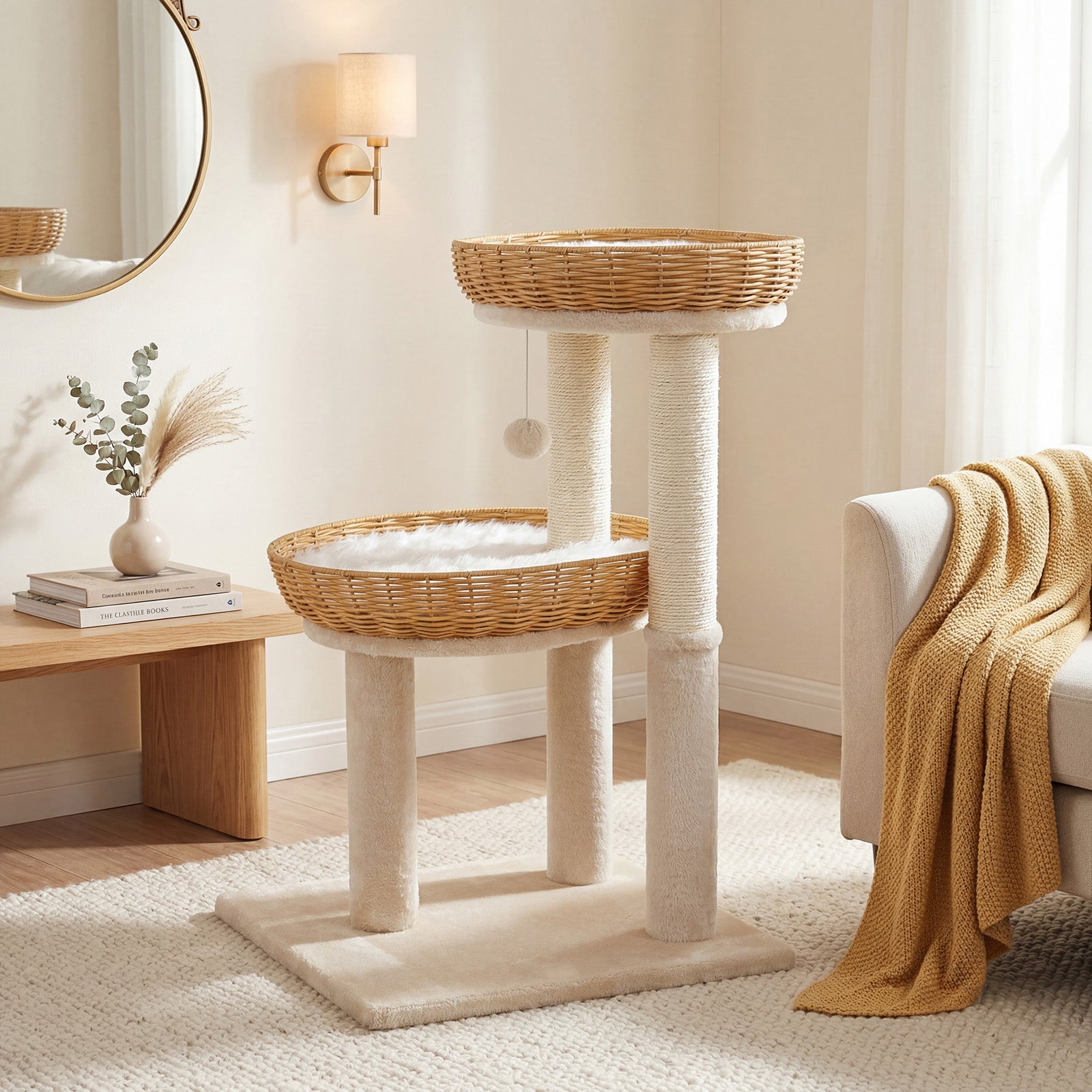 ELLEGNT 30 in Cat Tree-2 Rattan Baskets, Sisal Scratching Post, Washable Plush Cushions, Hanging Ball, Multi-Level for Indoor Kittens