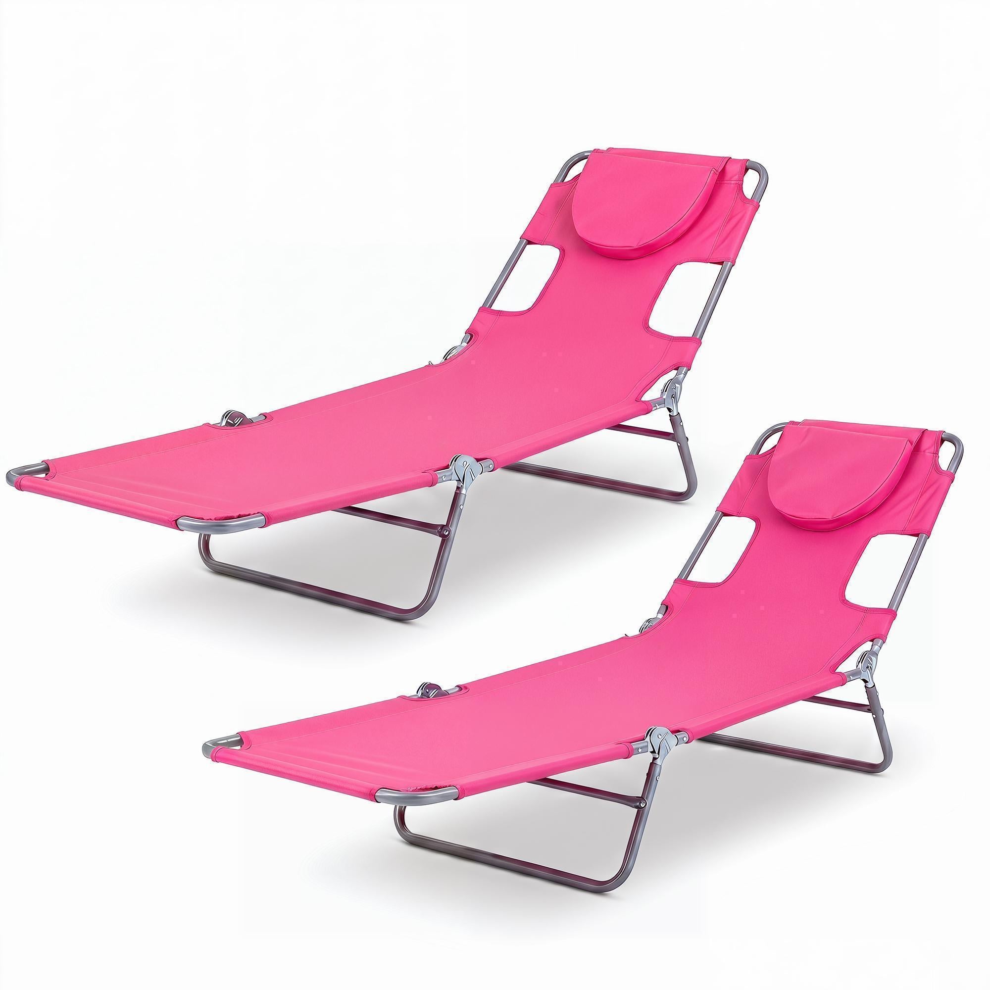 ELLEGNT 2 PCS 5?Position Adjustable Backrest Folding Lounge Chair-Patio Tanning Chair for Beach or Garden, Pink