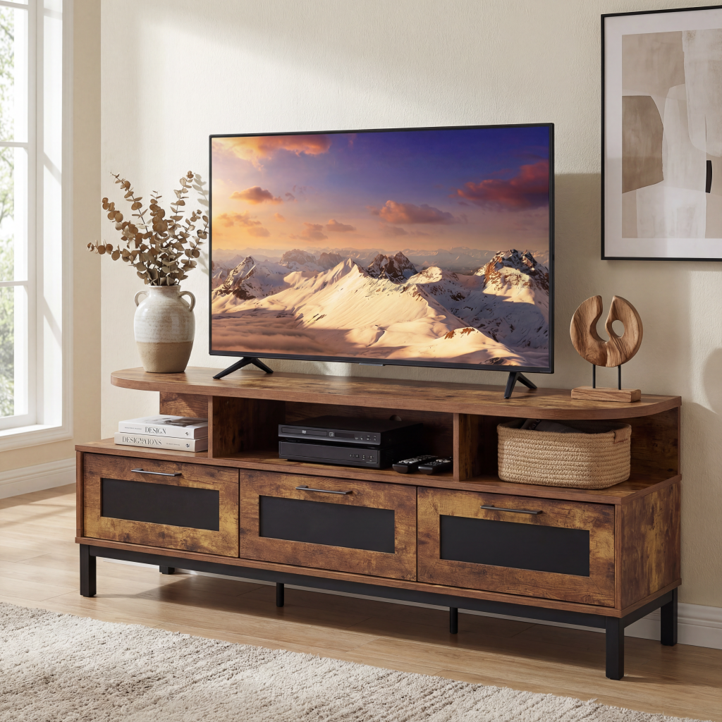 ELLEGNT TV Stand for Up to 75-Inch TV-Entertainment Center, 3 Storage Drawers, Open Shelves Rustic Brown