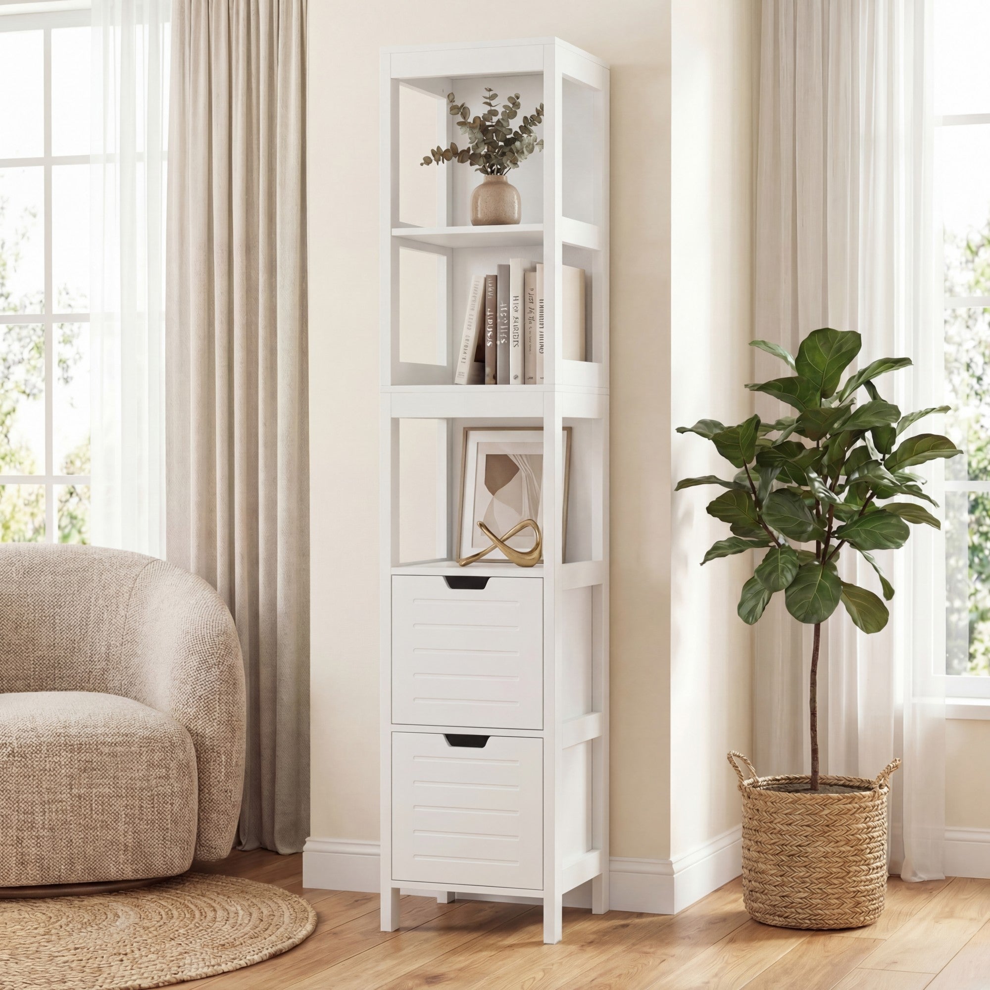 ELLEGNT Bathroom Floor Storage Cabinet-5 Shelves + 2 Drawers, Multifunctional Organizer for Living Room, Entryway