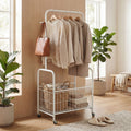 ELLEGNT Heavy-Duty Rolling Laundry Cart with Hanging Rod, Side Hooks and Storage Basket-Lockable Wheels, White