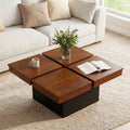 ELLEGNT Split Top Square Coffee Table with Solid Wood Veneer-Recessed Base, Modern Accent Table for Apartment or Small Space