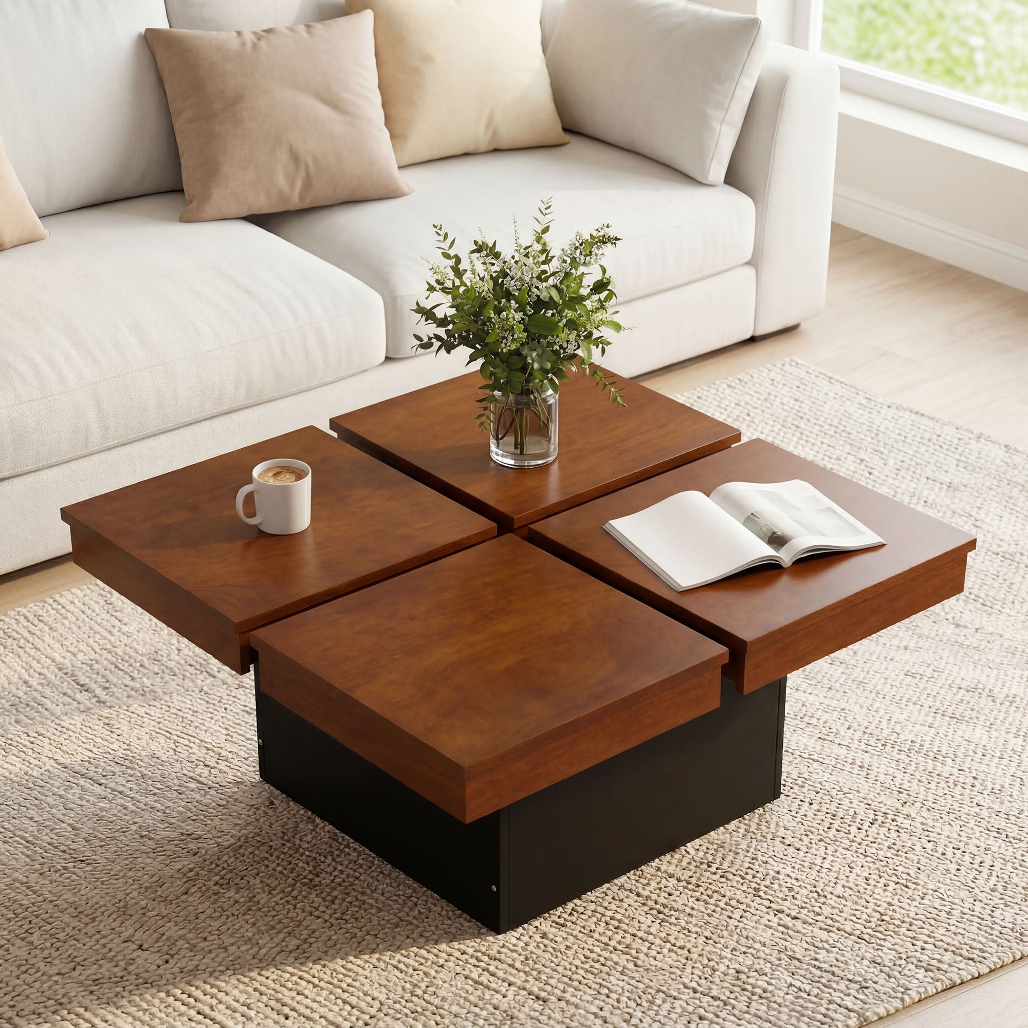 ELLEGNT Split Top Square Coffee Table with Solid Wood Veneer-Recessed Base, Modern Accent Table for Apartment or Small Space