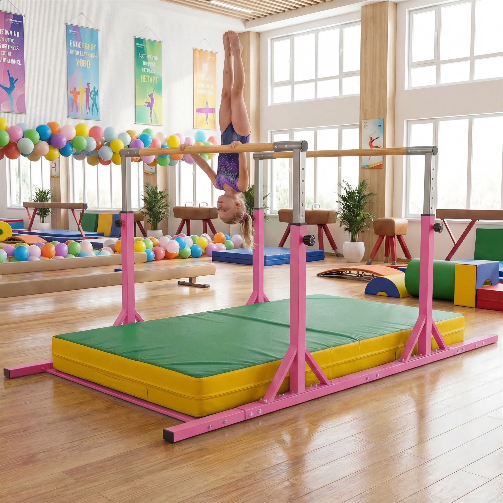 ELLEGNT 13-Level Adjustable Double Horizontal Bars-33 in-57 in Height Range and Width-Adjustable Pink