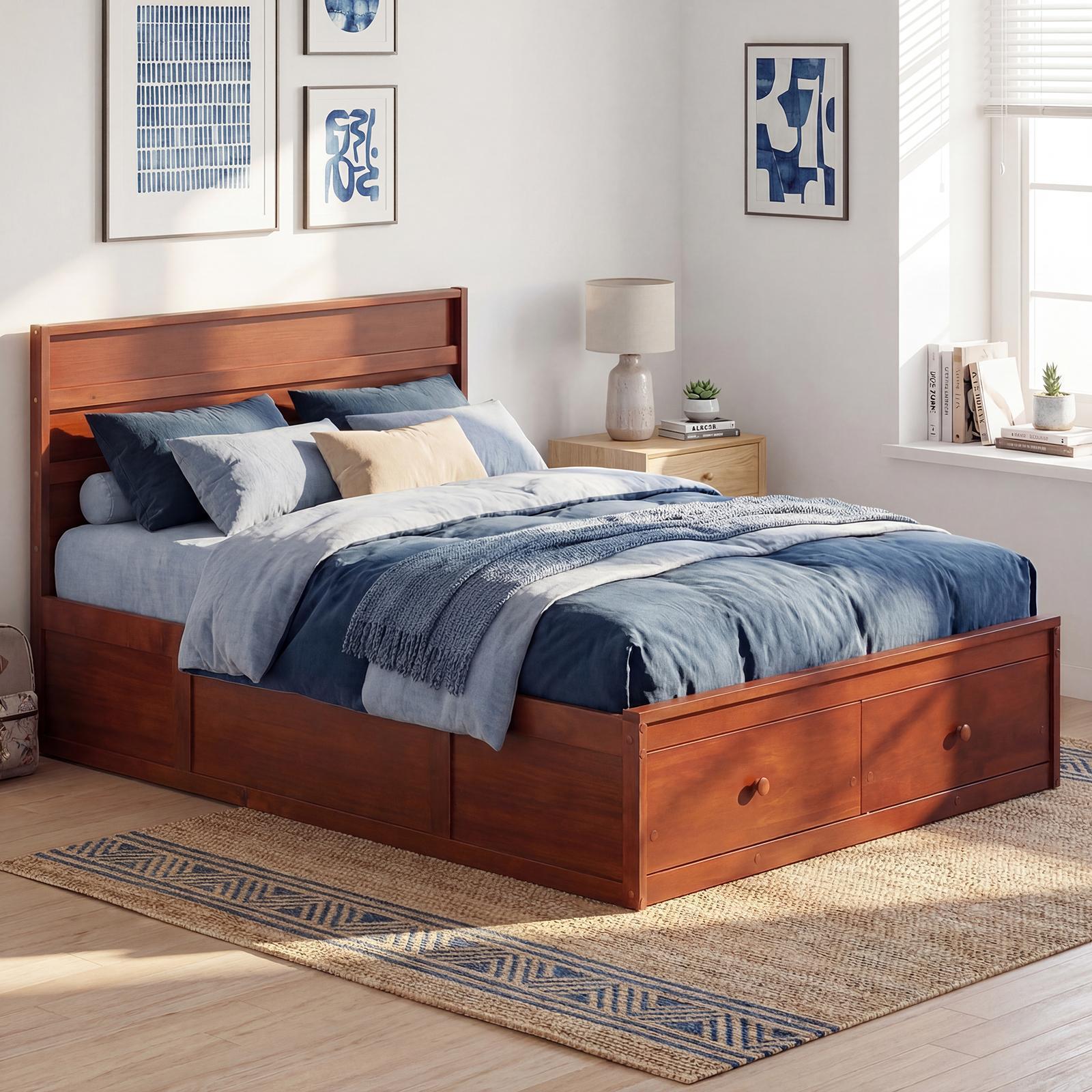 ELLEGNT Bed Frame Full Size, Wooden Slat Support, Headboard and Storage Drawers,  Walnut