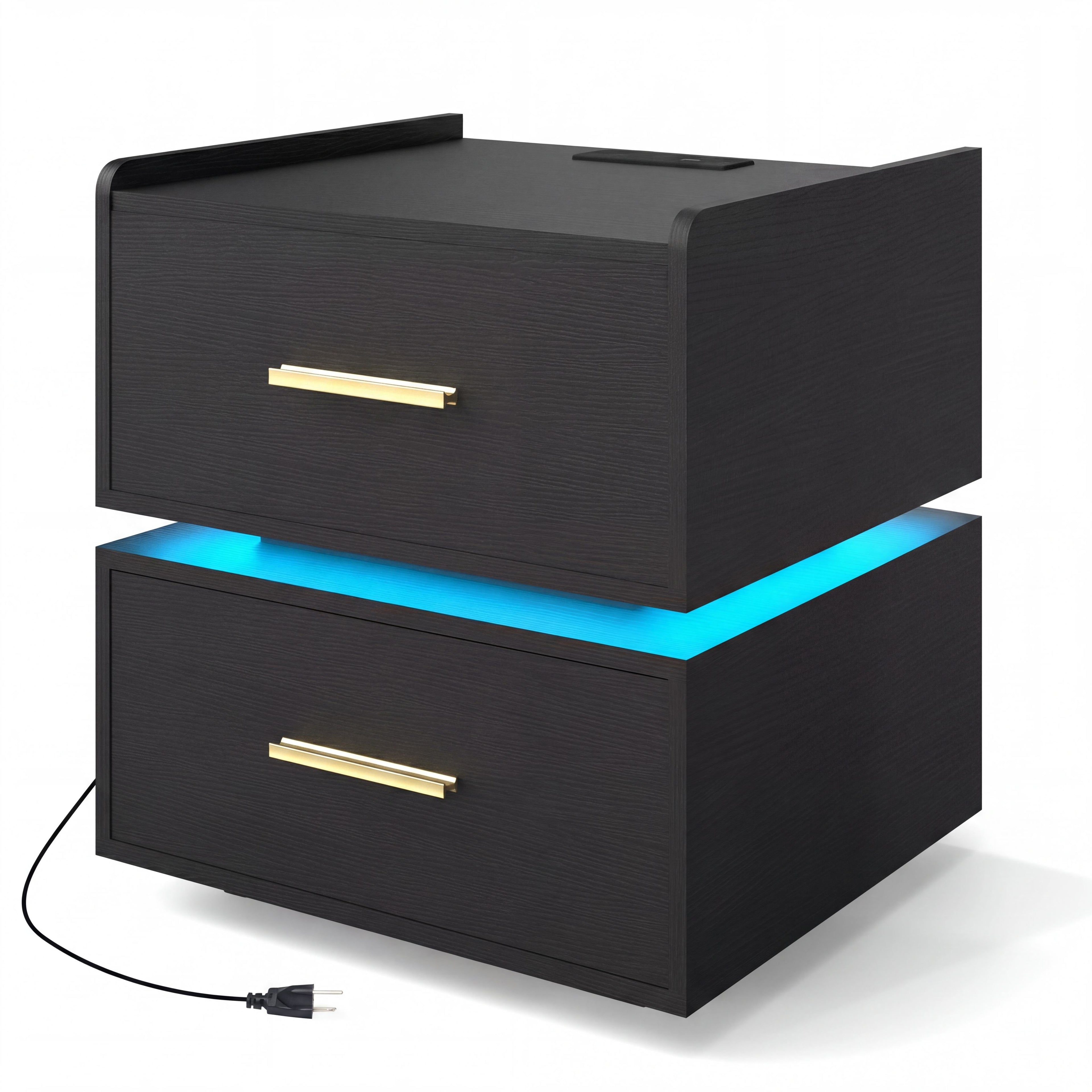 ELLEGNT 1 PCS LED Bedside Table with Charging Station, 2 Storage Drawers Nightstand, Black