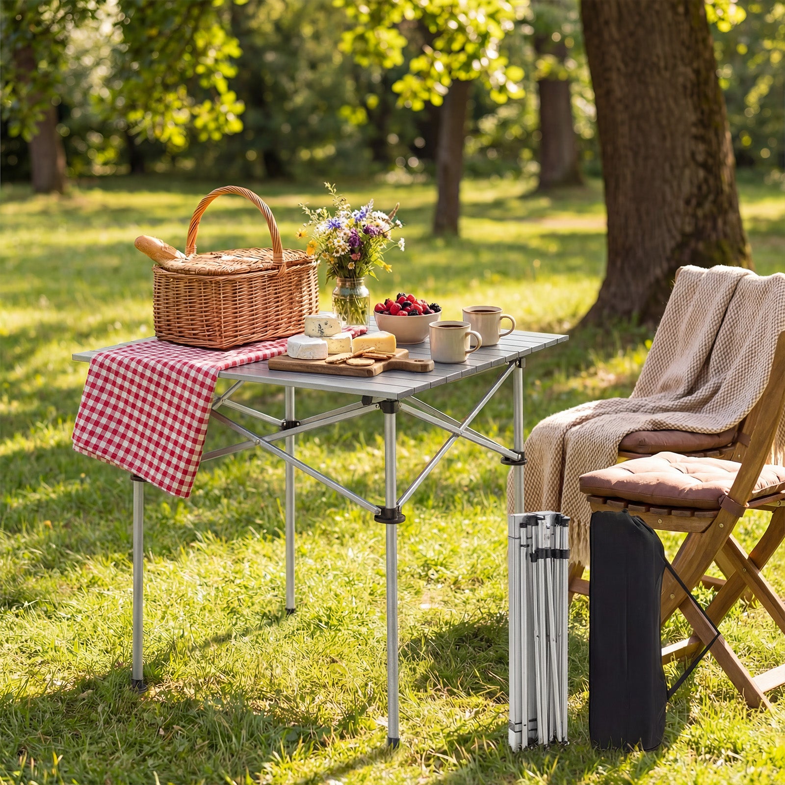 ELLEGNT Folding Roll-up Table for Camping-Portable Picnic Table with Metal Legs and Carry Bag for Hiking, BBQ, Silver