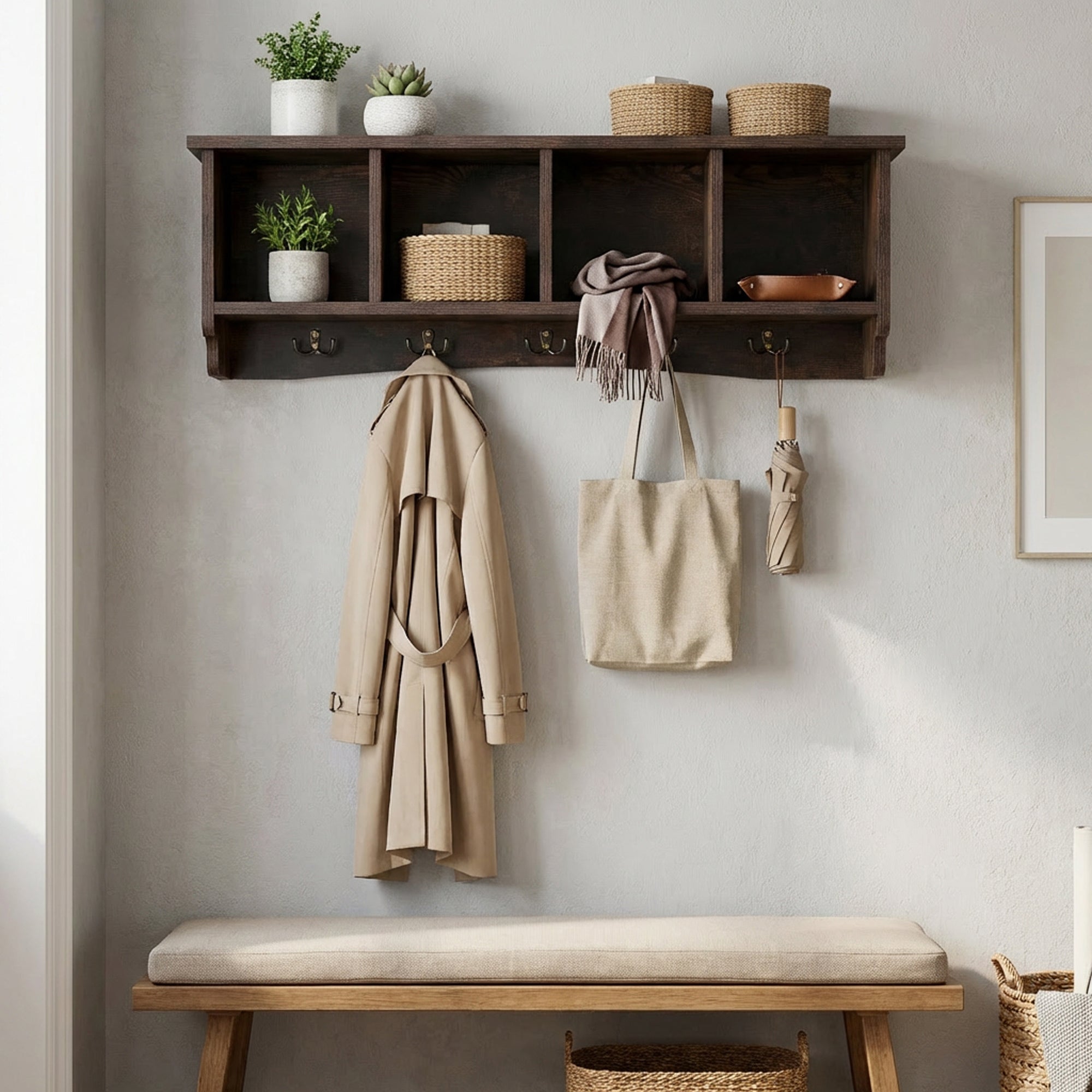 ELLEGNT Entryway Wall Shelf and Coat Rack-5 Dual Hooks Storage Cabinet, for Hallway or Mudroom, Brown
