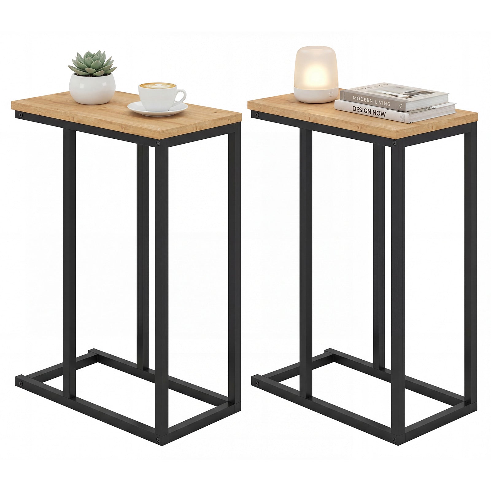 ELLEGNT 2 PCS C-Shaped End Table with Adjustable Foot Pads-Small Snack Side Table for Living Room, Couch, or Bedroom Gray Oak