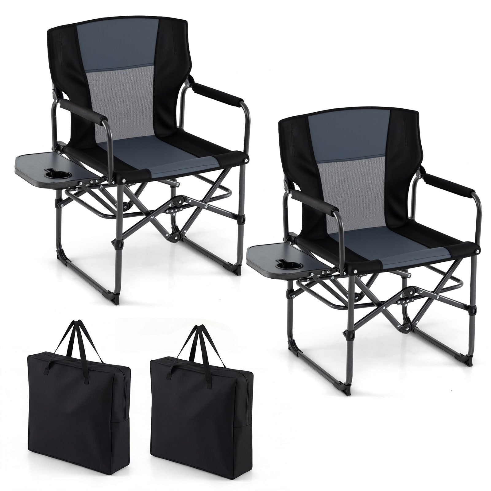 ELLEGNT 2 PCS Folding Camp Chair with Side Table and Cup Holder-Portable Outdoor Seat with Carry Bag, Black and Gray