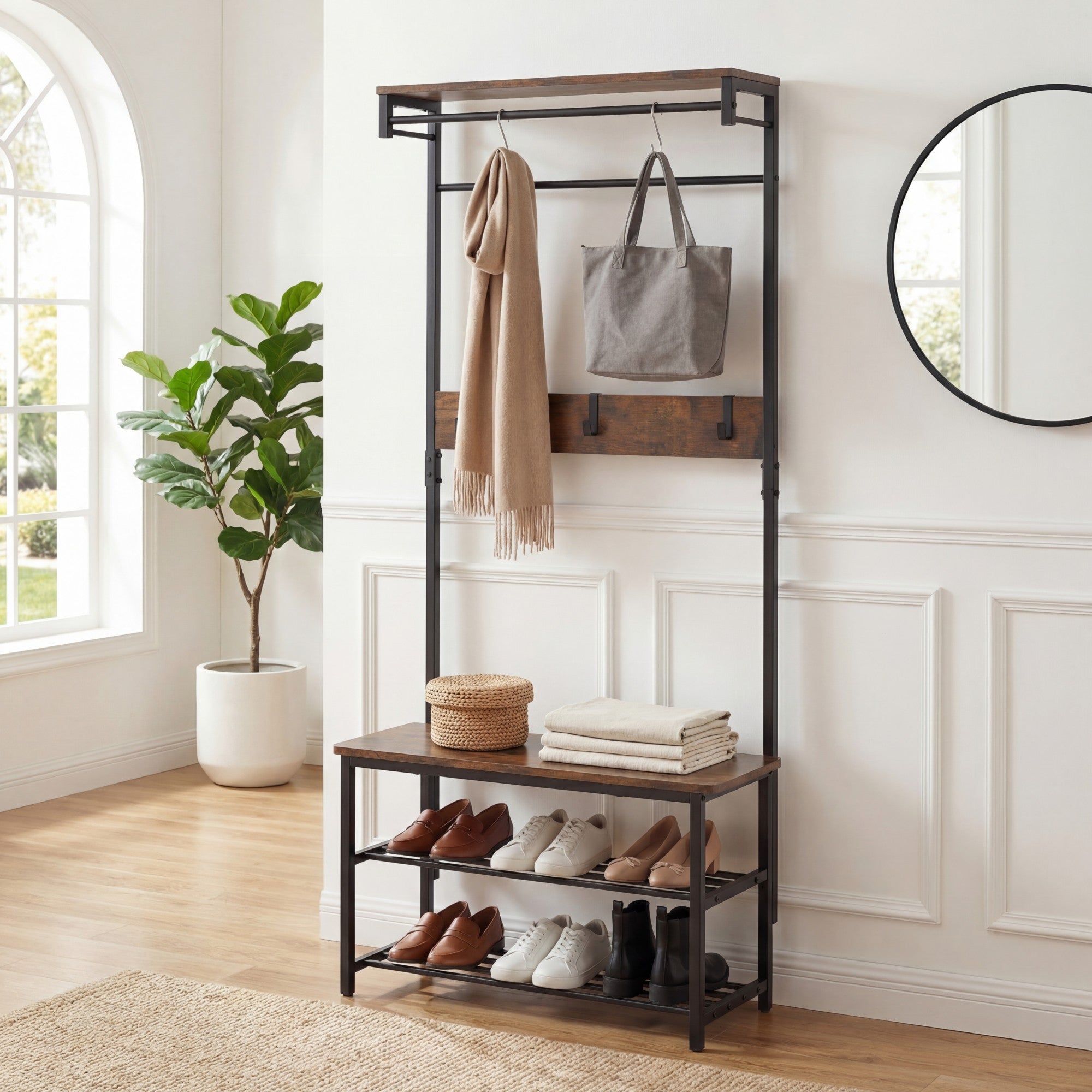 ELLEGNT Space-Saving Hall Tree, Shoe Bench, Coat Rack with Hanging Rod, Shelves and Removable Hooks-4-in-1 Entryway Organizer