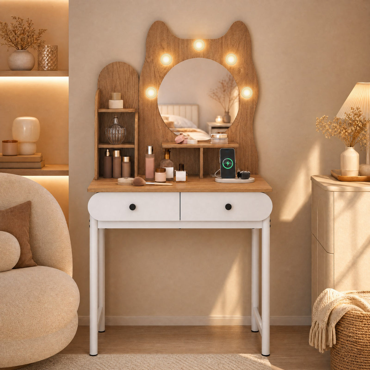 ELLEGNT Small Kitty Vanity Table with Lighted Mirror, Power Outlets, 3 Modes, 2 Drawers, White