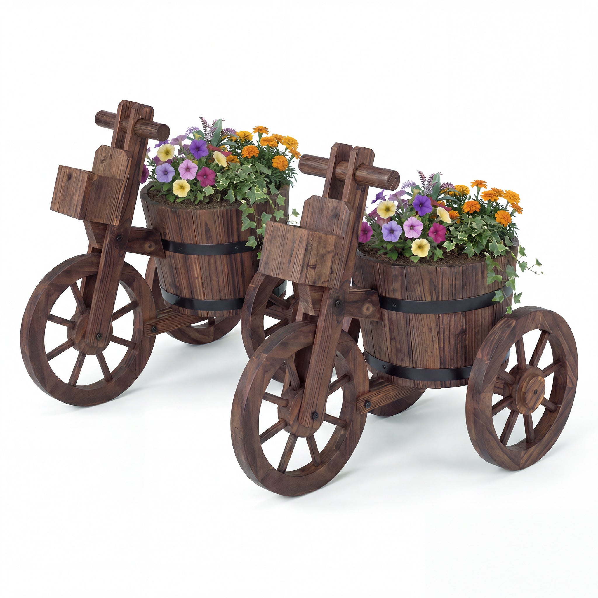 ELLEGNT 2 PCS Rustic Tricycle Planter Barrel Pot with Storage Box-Wooden Garden Decor for Patio, Balcony, Outdoor Display