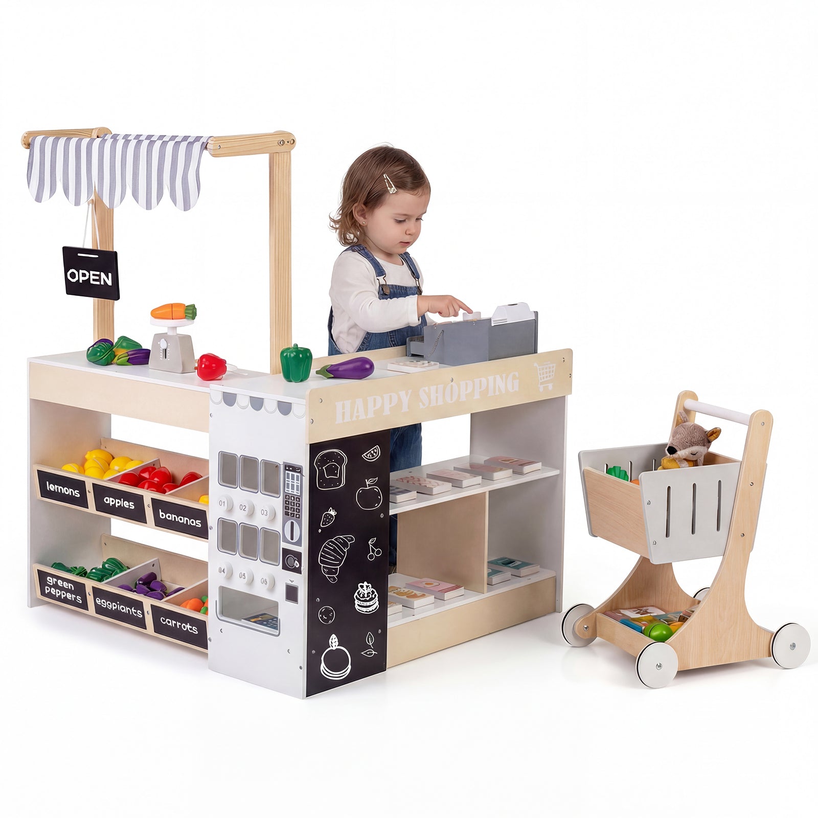 ELLEGNT Kids Wooden Grocery Store Playset-Pretend Play Supermarket with Shopping Cart, Natural + White