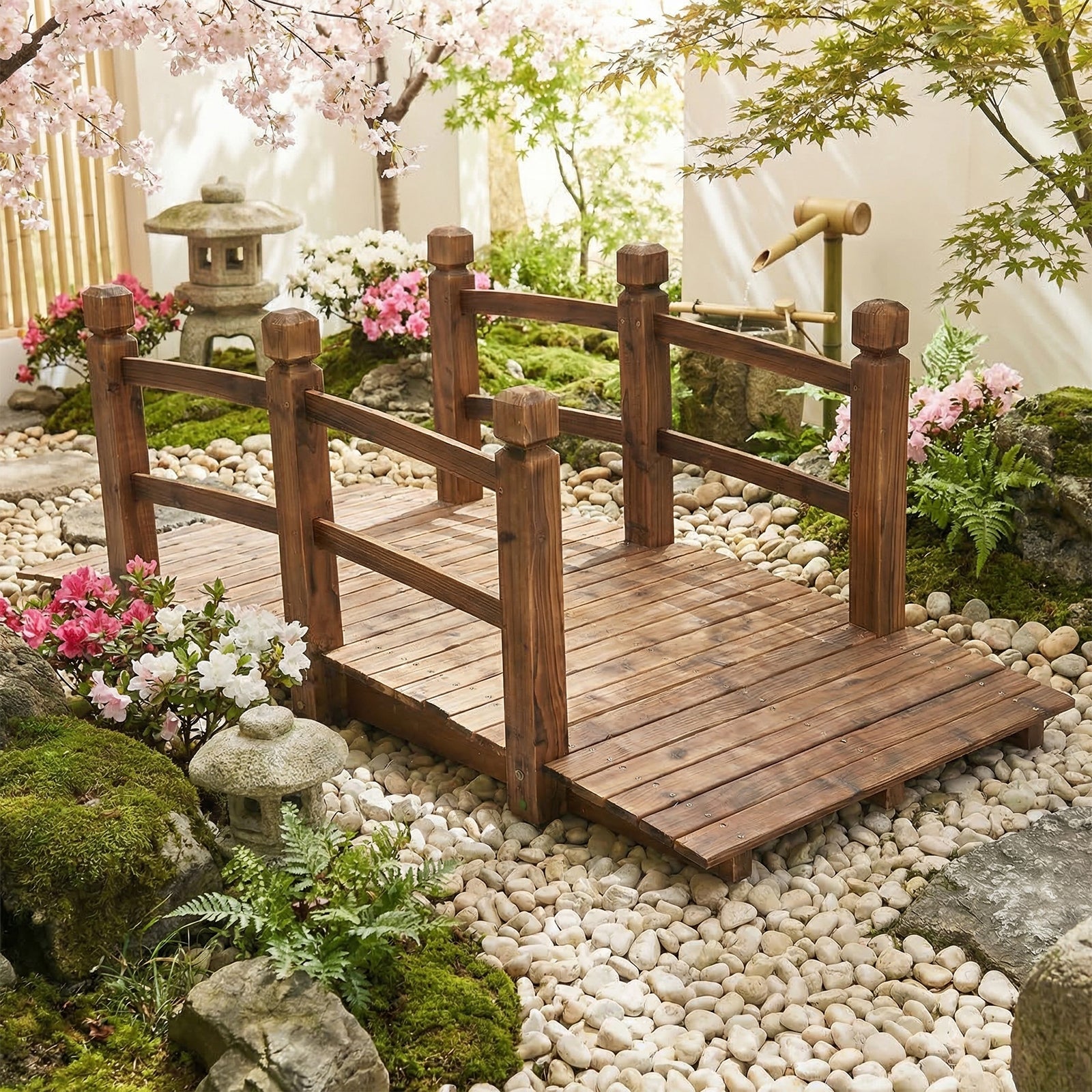 ELLEGNT 5 ft Solid Wood Garden Bridge-Stained Arch Walkway for Pond or Pathway Brown