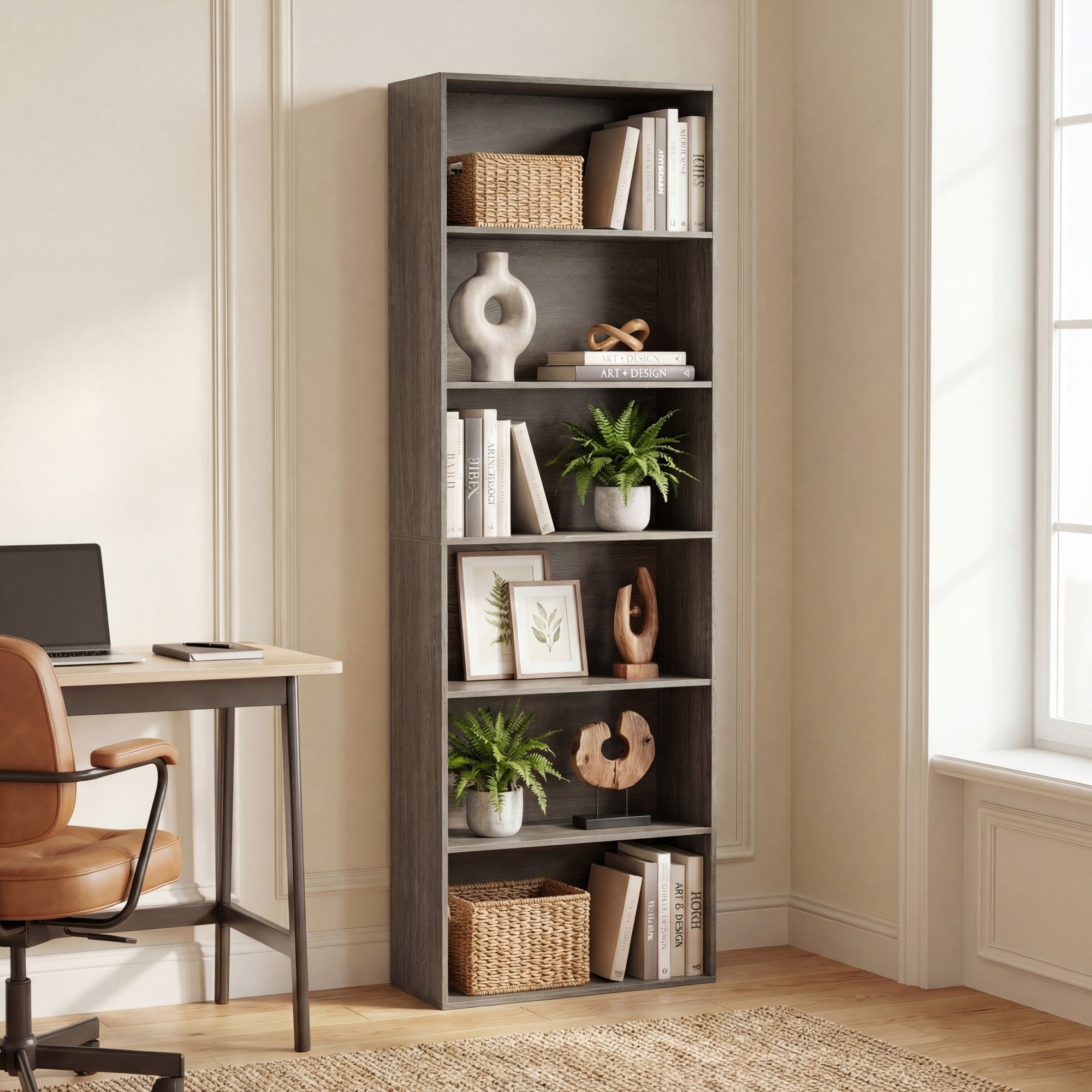 ELLEGNT 1 PCS 6-Tier Open Shelves Bookshelf with Anti-Tipping Kits- Storage Rack for Living Room, Bedroom, Study, Gray