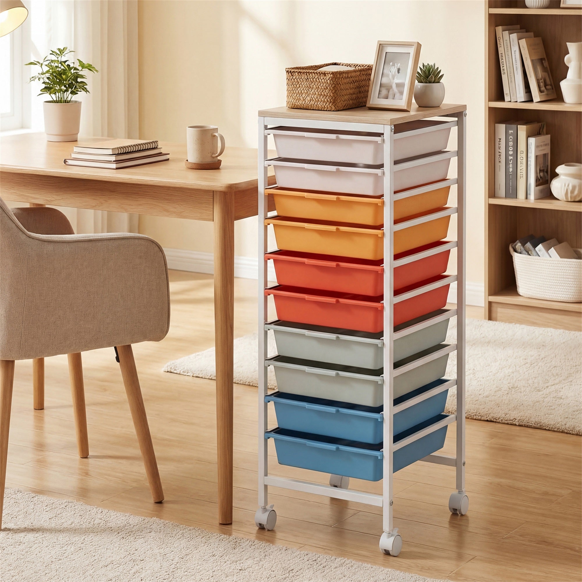 ELLEGNT Wooden Top Rolling Storage Cart-10 Drawers, Lockable Casters, Metal Frame, for Art and Craft, Natural + Macaron