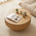 ELLEGNT Round Coffee Table with Hidden Storage Compartment, Wooden Drum Design Accent Table, Natural Finish Space-Saving Solution