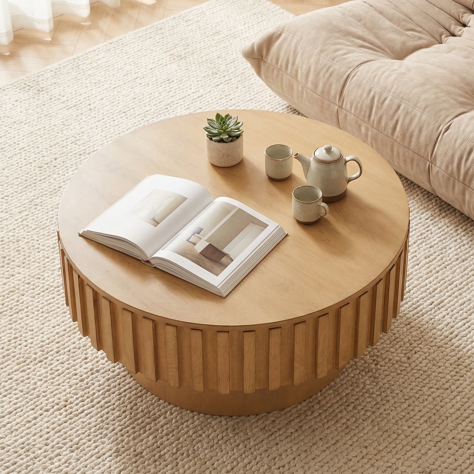 ELLEGNT Round Coffee Table with Hidden Storage Compartment, Wooden Drum Design Accent Table, Natural Finish Space-Saving Solution