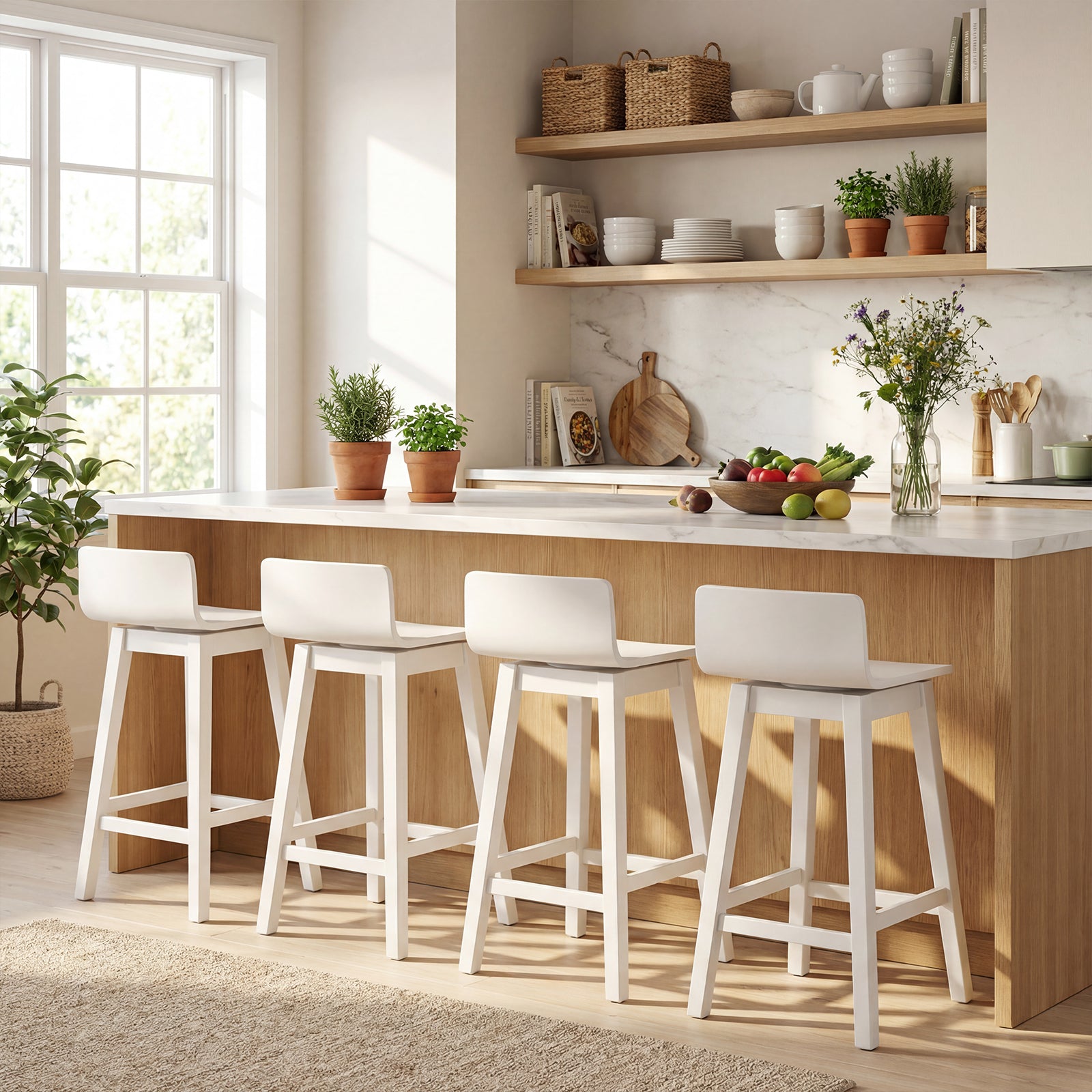 ELLEGNT 4-Pack 24.5 in Bar Stools, Counter Height with Footrest, Solid Rubberwood Legs White