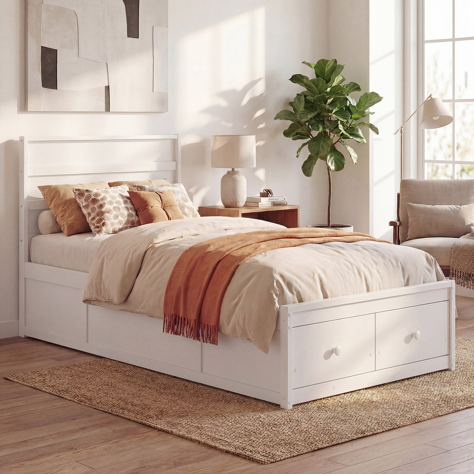 ELLEGNT Bed Frame Twin Size, Wooden Slat Support, Headboard and Storage Drawers,  White