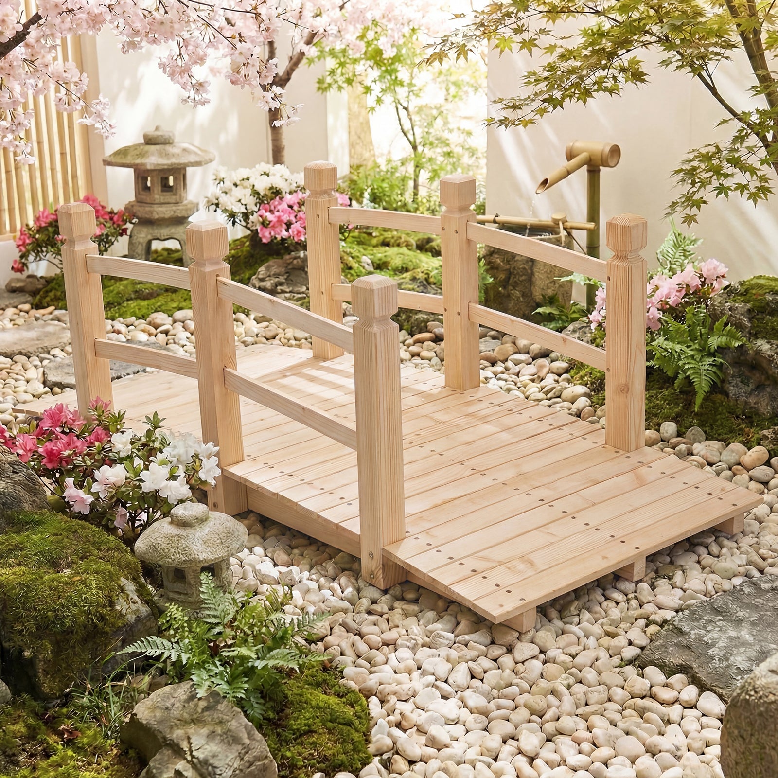 ELLEGNT 5 ft Solid Wood Garden Bridge-Stained Arch Walkway for Pond or Pathway Original Wood Color
