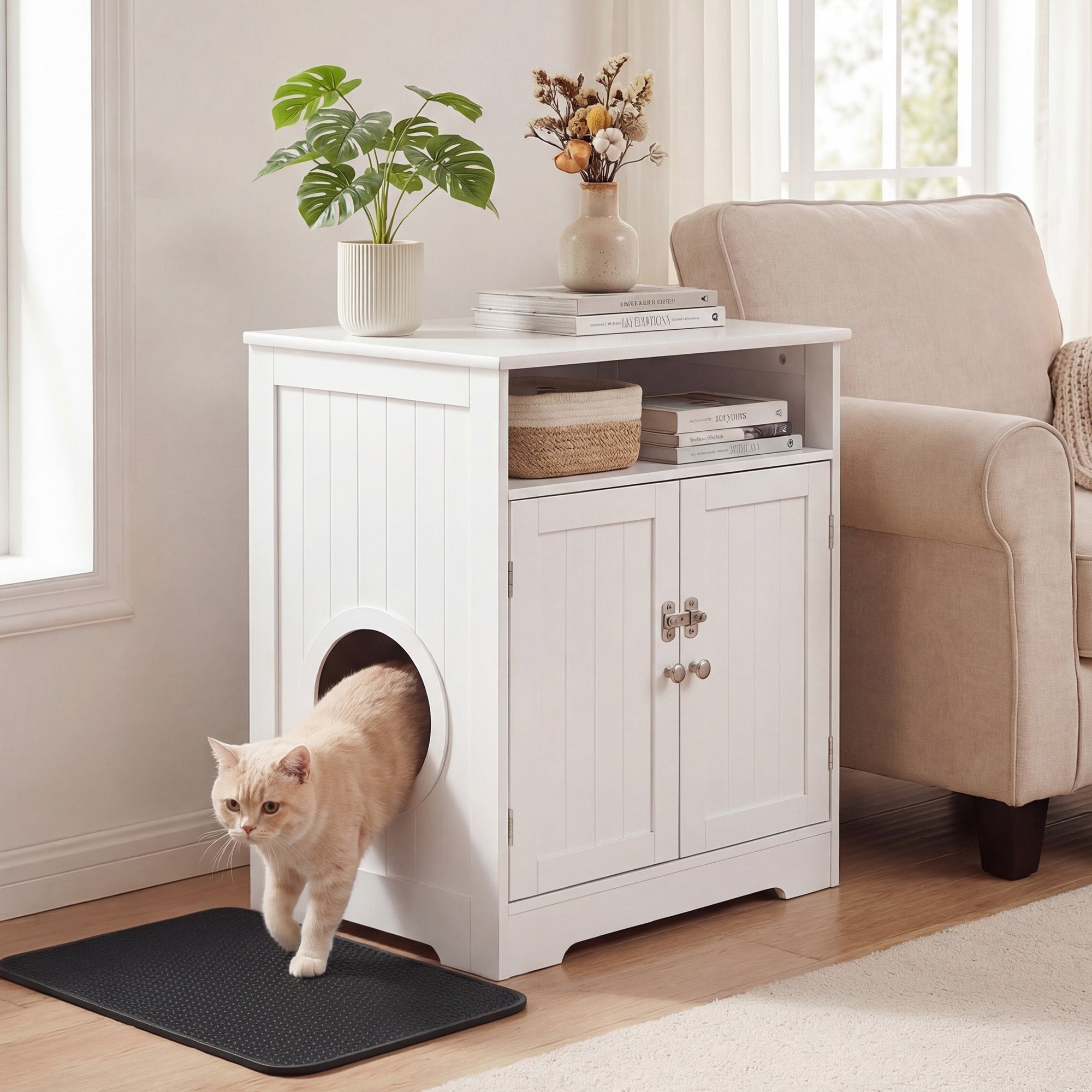 ELLEGNT Wooden Cat Litter Box Enclosure-Hideaway Cabinet with Easy-Clean Mat and Storage Compartment