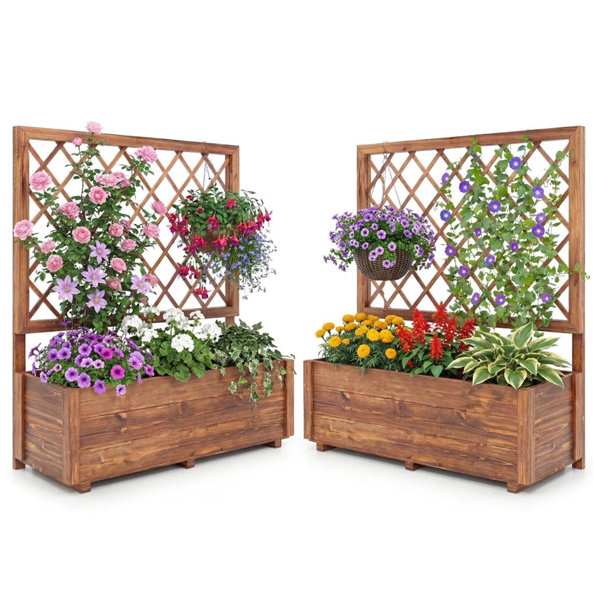 ELLEGNT 2 PCS 40 in Raised Garden Bed with Trellis-Wooden Planter Box for Climbing Vines and Flowers, Orange