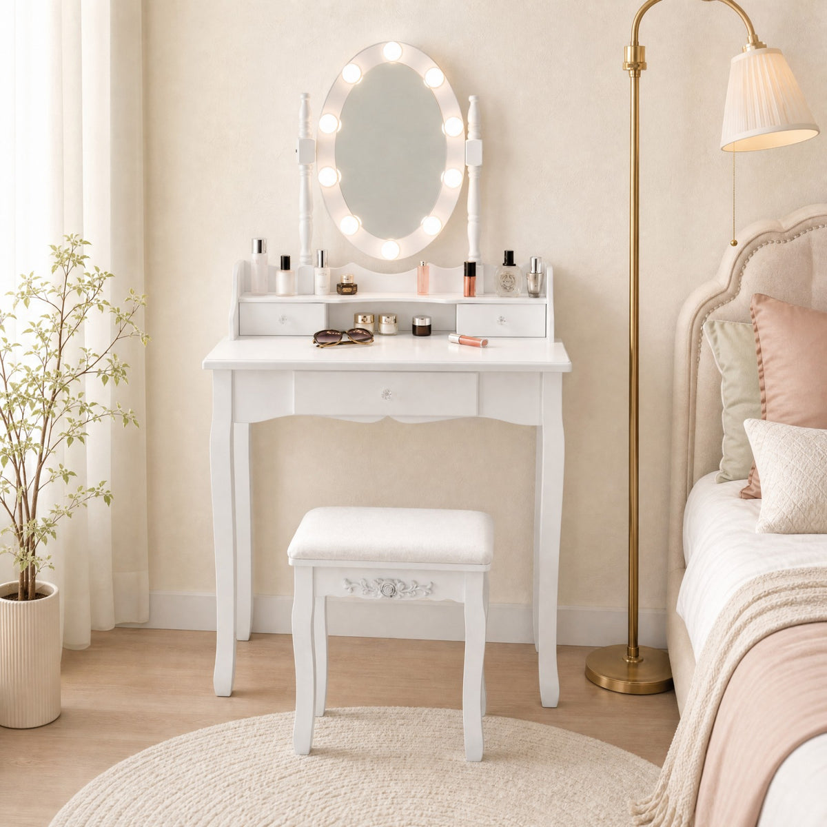 ELLEGNT White Makeup Vanity Set with Lighted Mirror 3 Drawers and Cushioned Stool