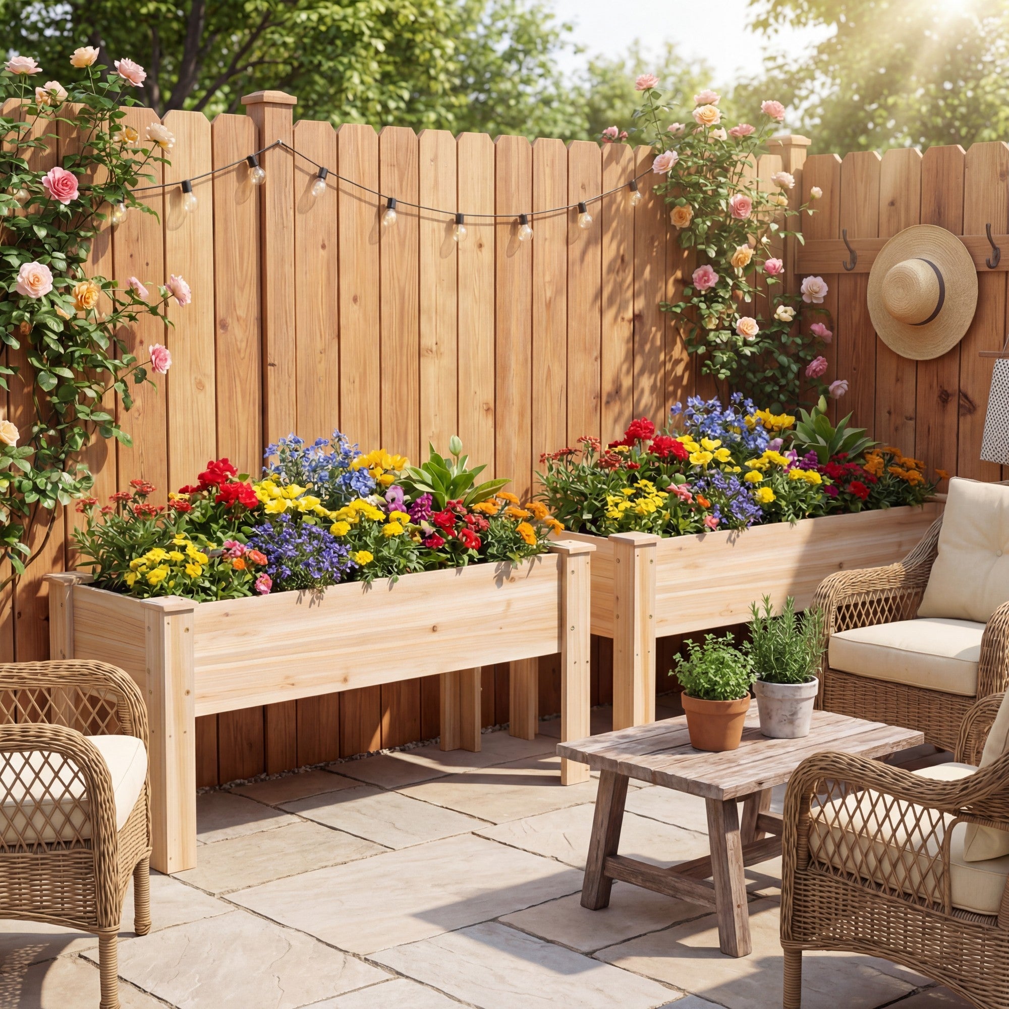 ELLEGNT 2 PCS Natural Fir Raised Garden Bed- Wooden Planter Box with Legs and Drainage Holes