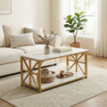 ELLEGNT 43 in Faux Marble 2-Tier Coffee Table-Storage Shelf, x Side Frames, Accent Cocktail Table for Small Space, Home Office, White + Gold