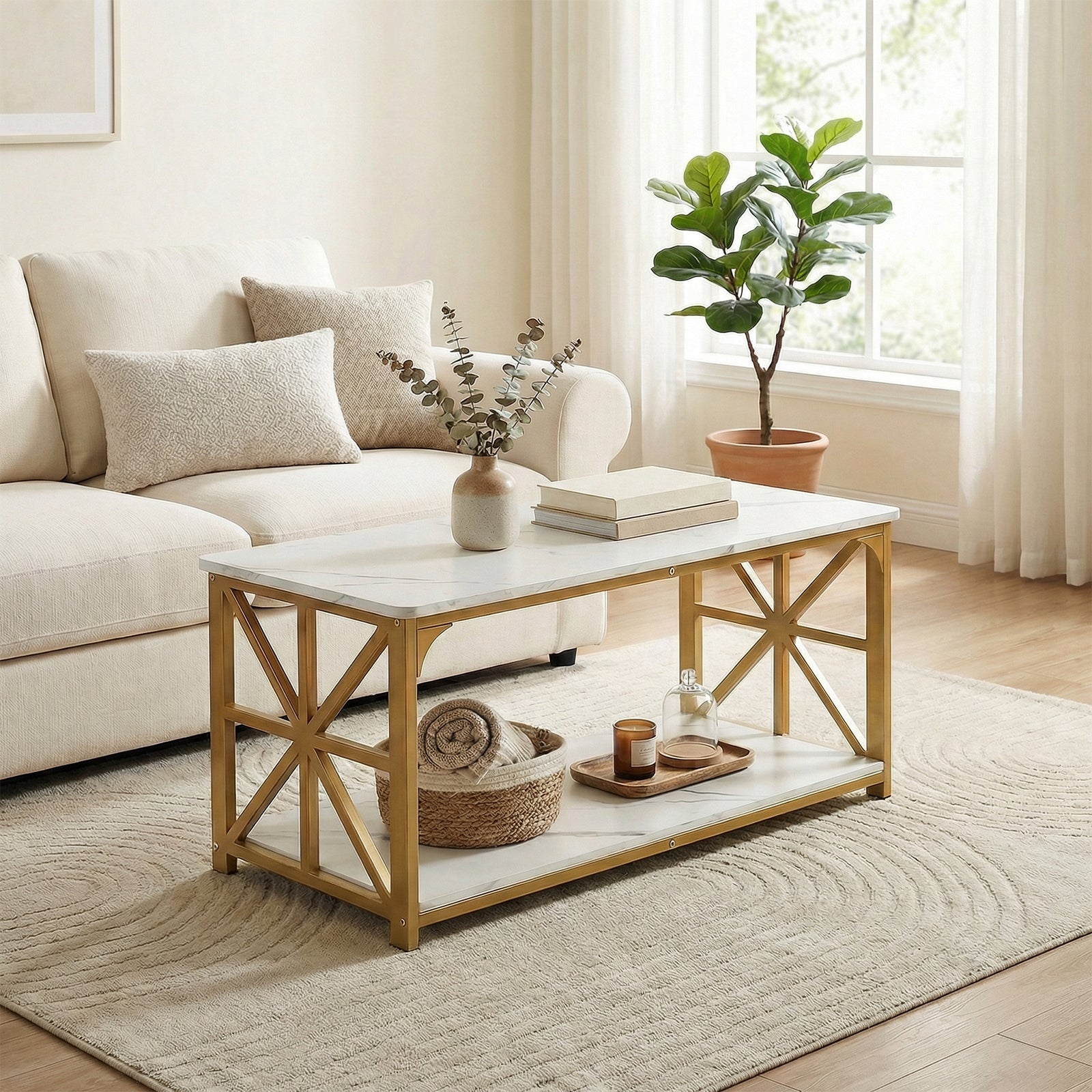 ELLEGNT 43 in Faux Marble 2-Tier Coffee Table-Storage Shelf, x Side Frames, Accent Cocktail Table for Small Space, Home Office, White + Gold