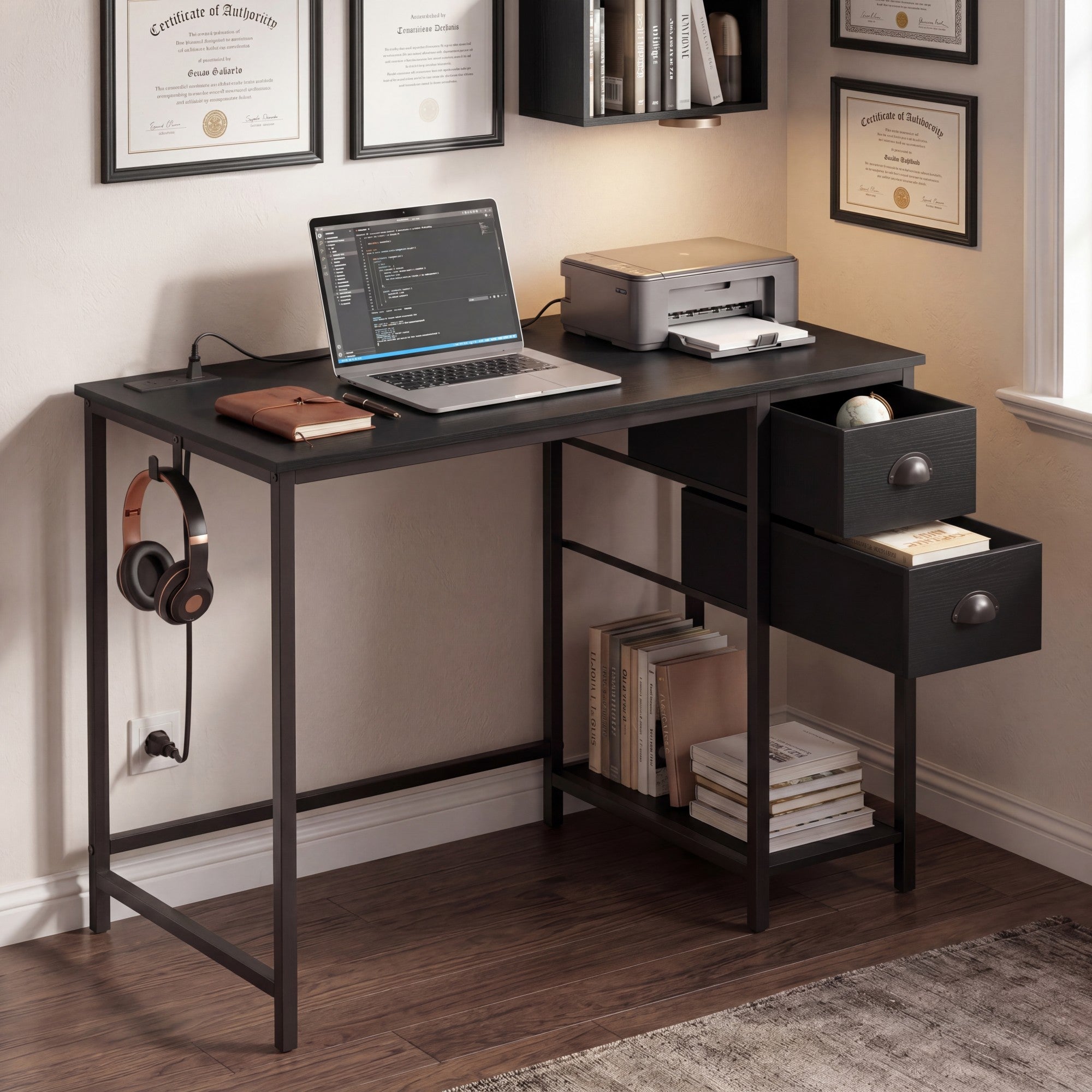 ELLEGNT Computer Desk-Built-in Charging Station, 2 Fabric Drawers, Storage Shelf, and Headphone Hook,Black