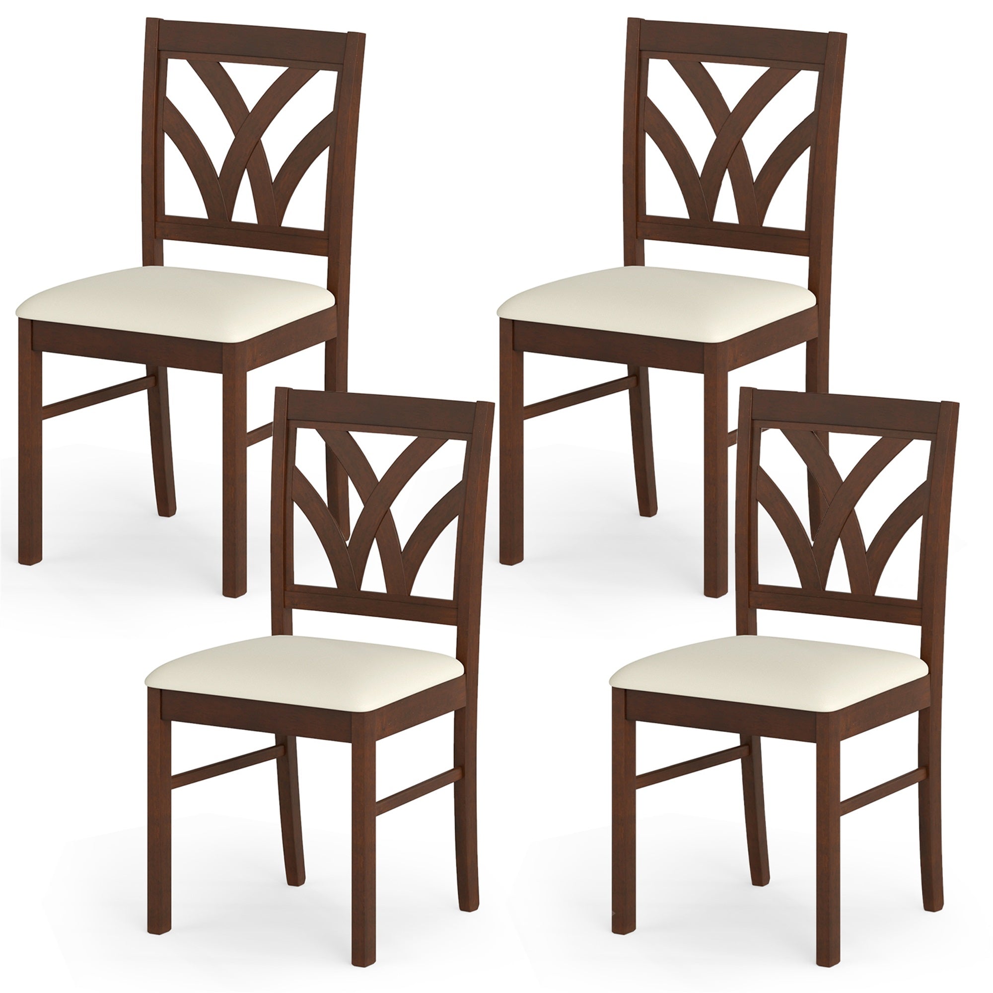 ELLEGNT Set of 4 Wooden Dining Chairs with Hollowed Backrest-Rubber Wood Frame Kitchen Chairs Brown and Beige