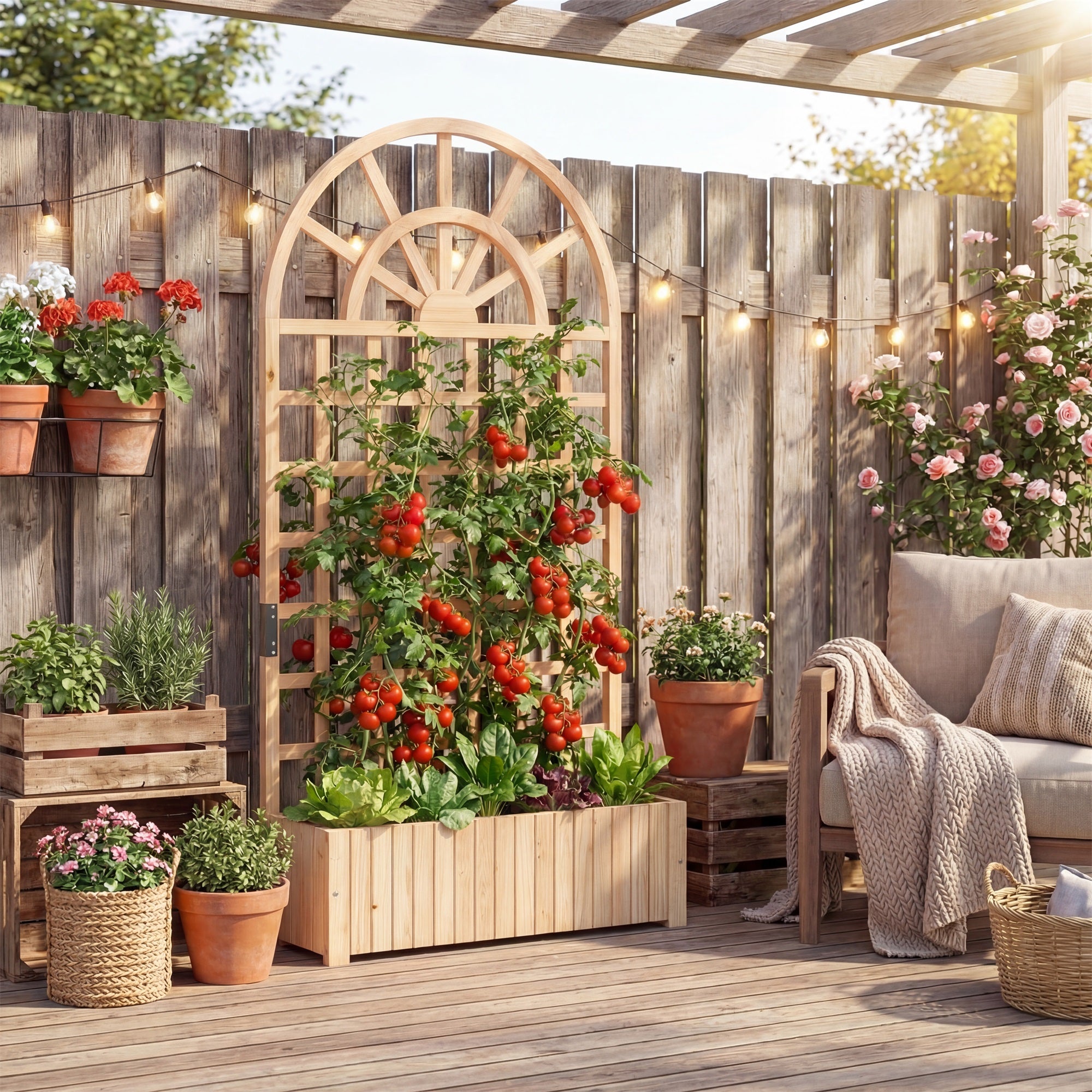 ELLEGNT 1 PCS Wooden Raised Garden Bed with Trellis-71 in Planter Box, Drainage Holes Natural